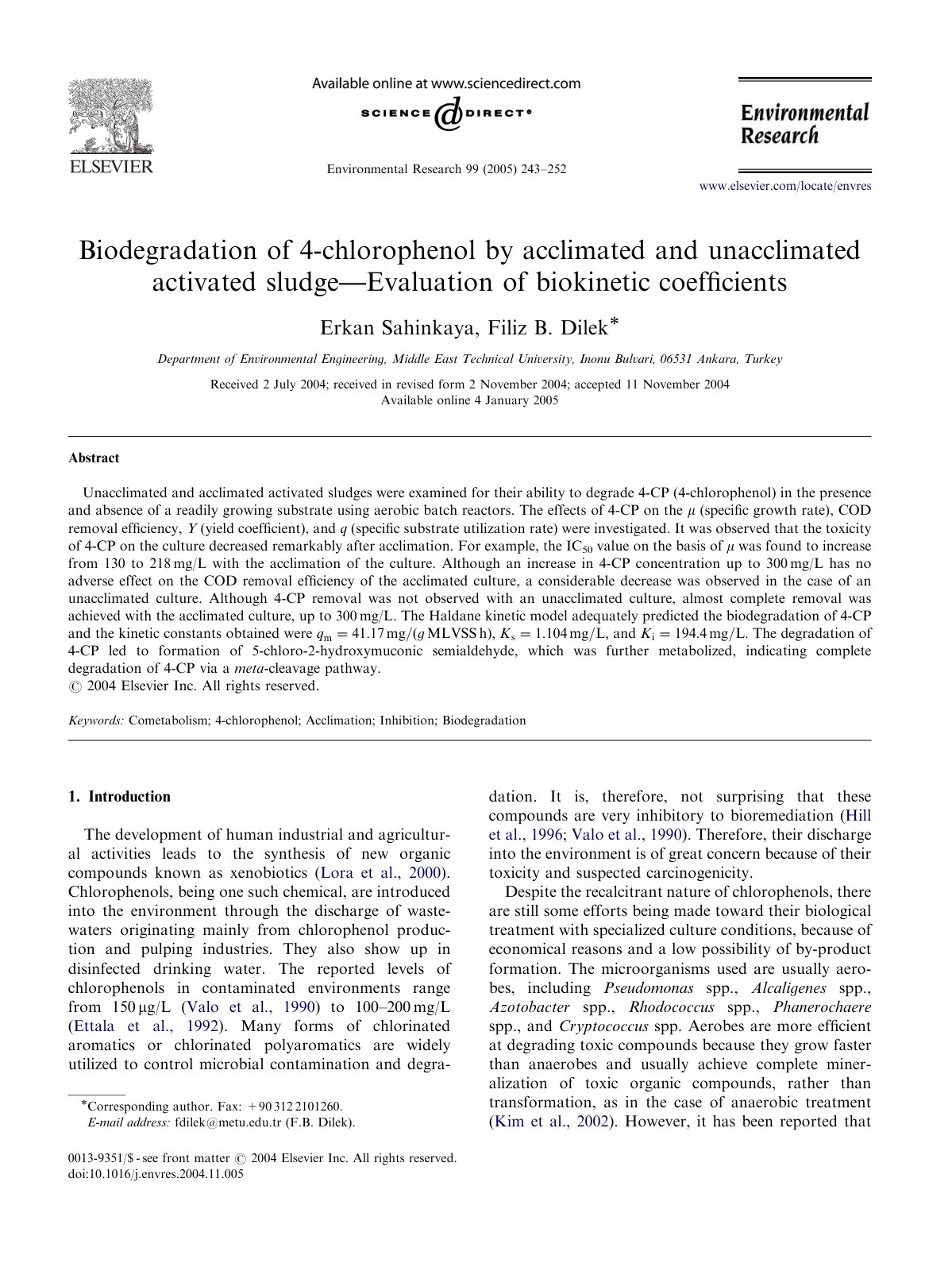 First page of Biodegradation of 4-chlorophenol by acclimated and unacclimated activated sludge— Evaluation of biokinetic coefﬁcients