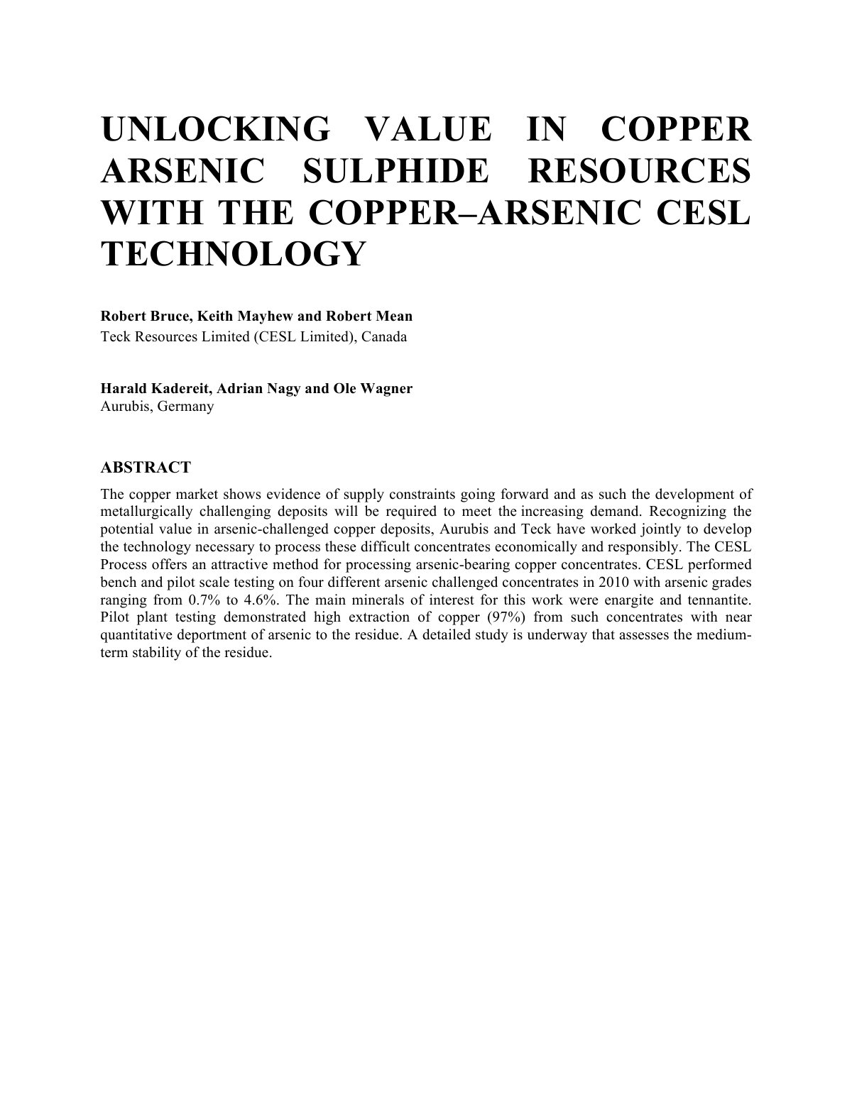 First page of UNLOCKING VALUE IN COPPER ARSENIC SULPHIDE RESOURCES WITH THE COPPER–ARSENIC CESL TECHNOLOGY