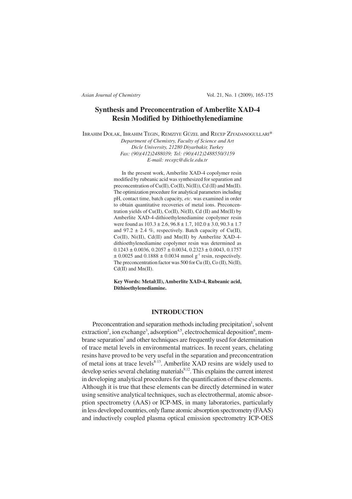 First page of Synthesis and Preconcentration of Amberlite XAD-4 Resin Modified by Dithioethylenediamine