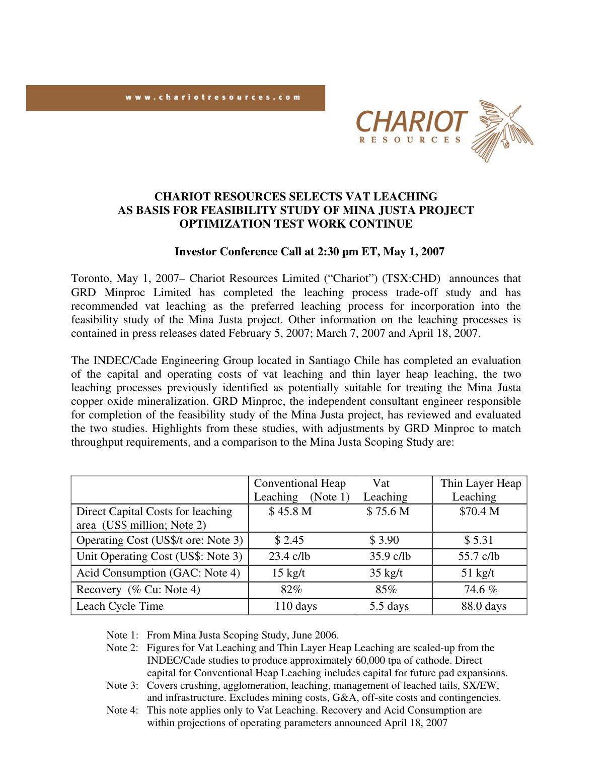 First page of 20070501 Chariot Press Release