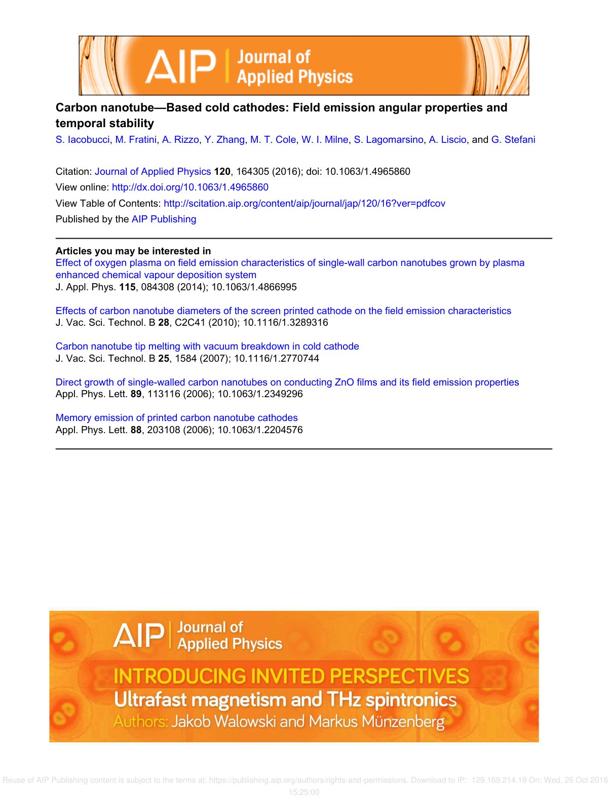 First page of Carbon nanotube—Based cold cathodes: Field emission angular properties and temporal stability