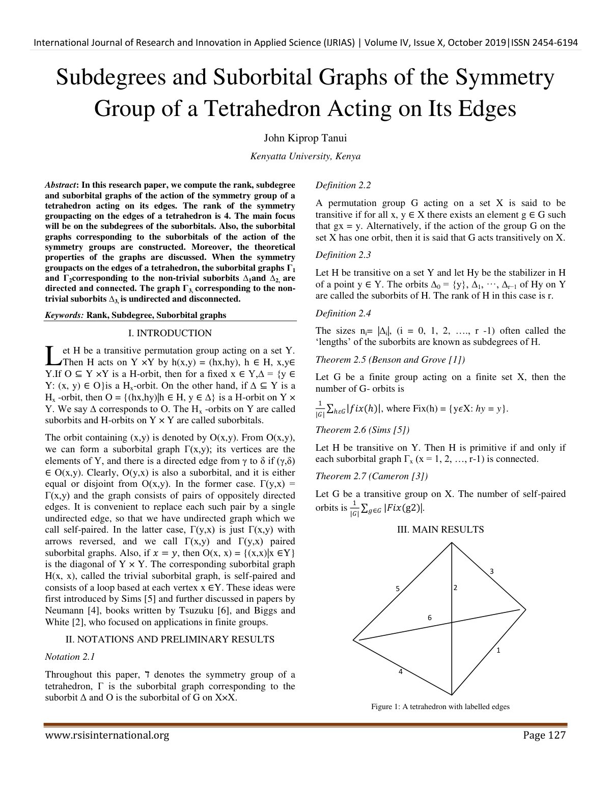 First page of Subdegrees and Suborbital Graphs of the Symmetry Group of a Tetrahedron Acting on Its Edges