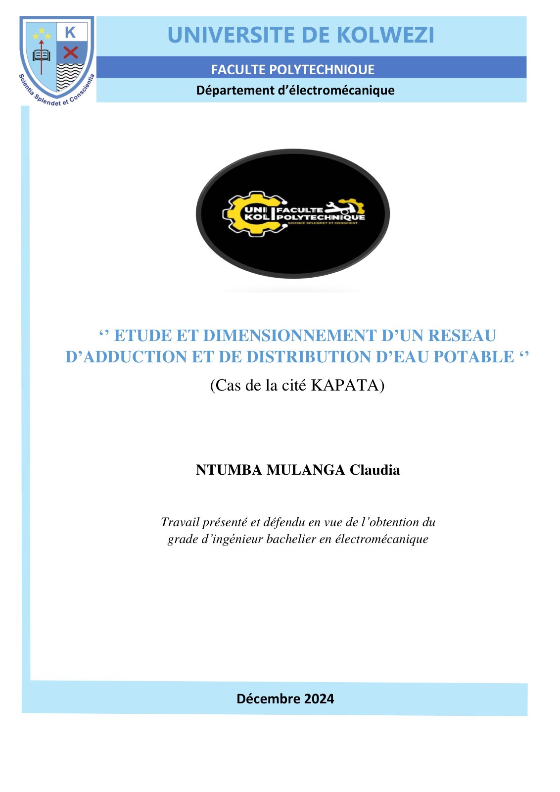 First page of ETUDE ET DIMENSIONNEMENT D’UN RESEAU D’ADUTION ET DE DISTRIBUTION D’EAU POTABLE