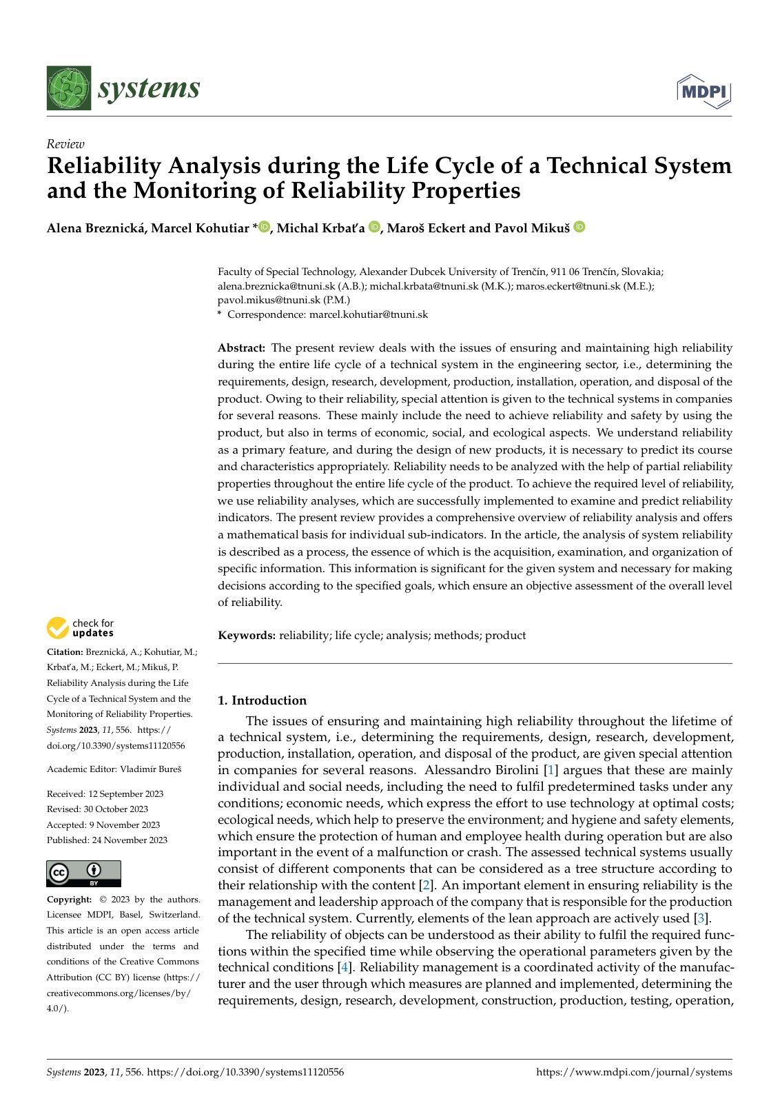 First page of Reliability Analysis during the Life Cycle of a Technical System and the Monitoring of Reliability Properties