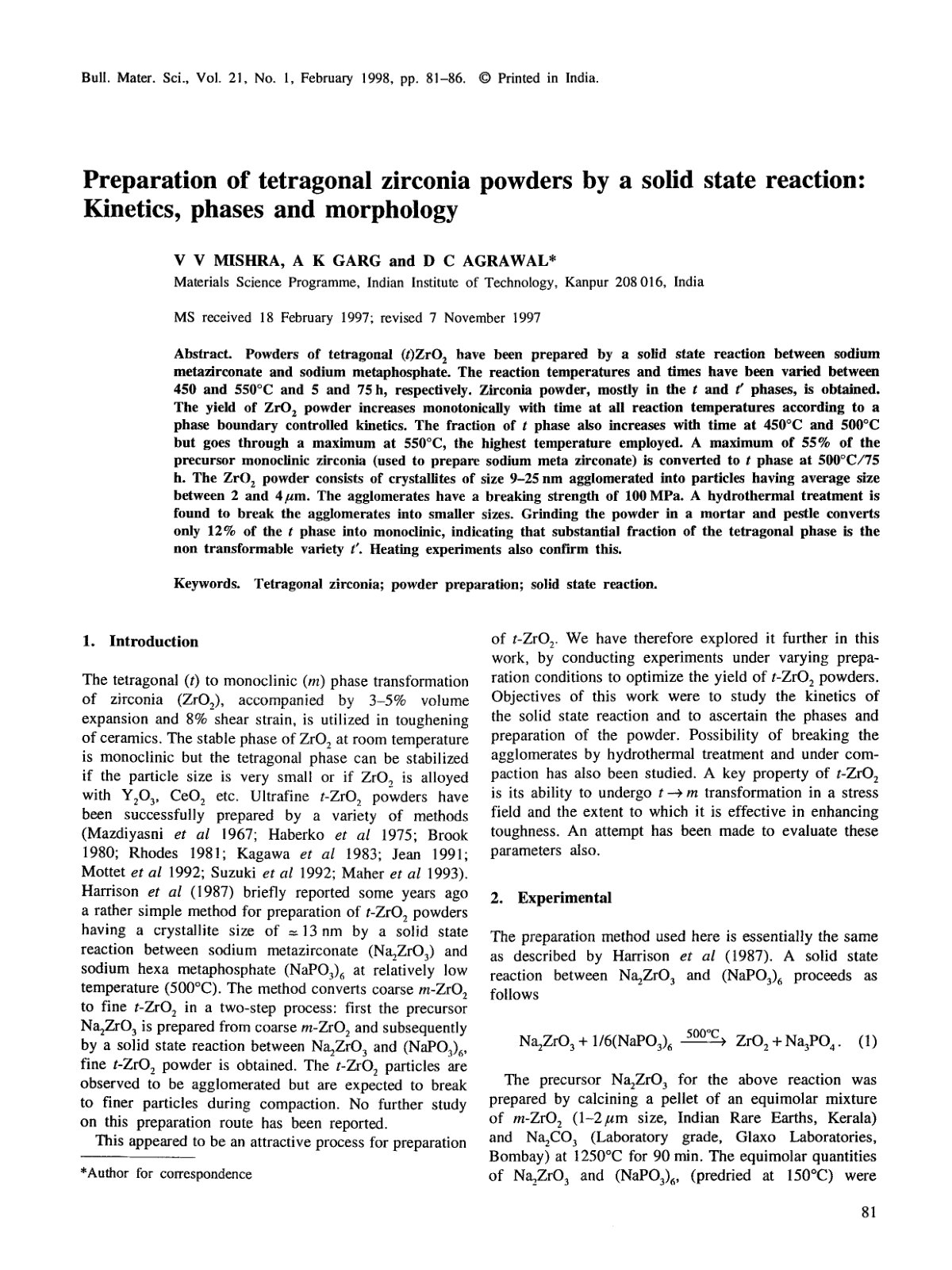 First page of Preparation of tetragonal zirconia powde