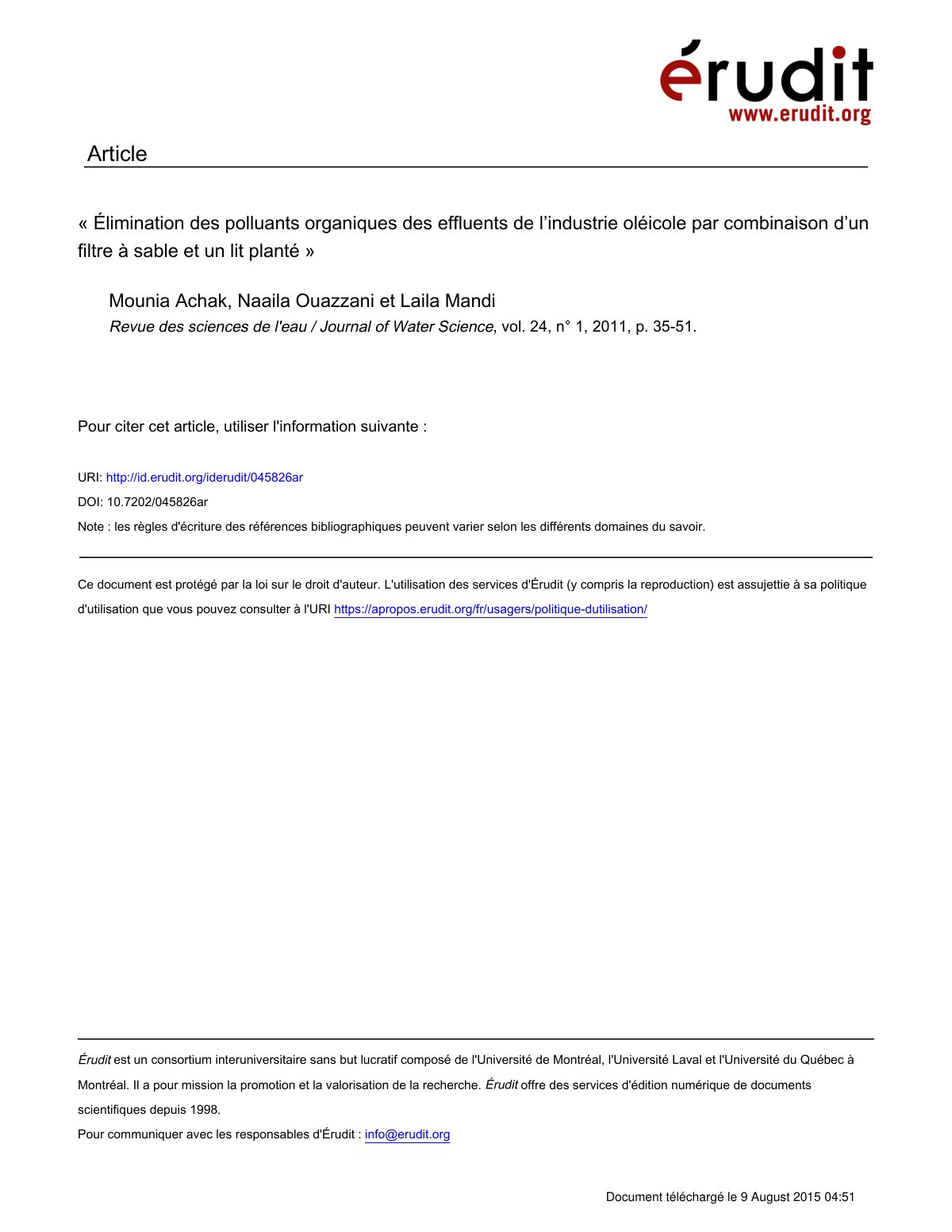 First page of Elimination Des Polluants Organiques Des