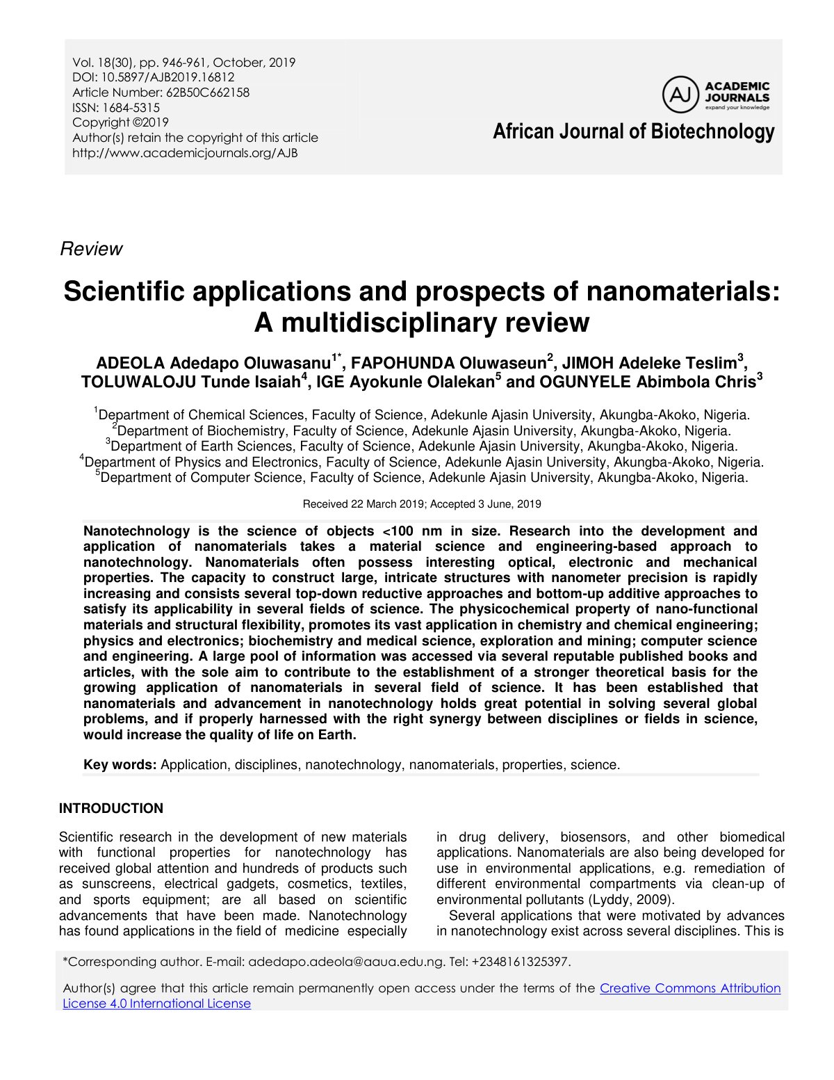First page of Scientific applications and prospects of