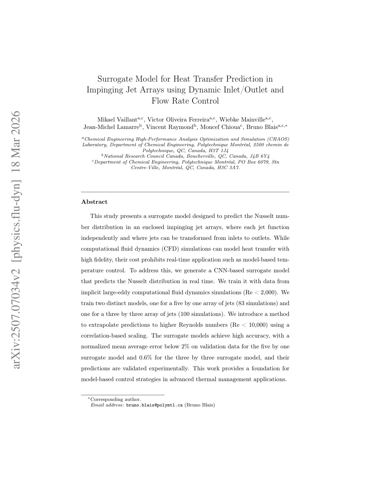 First page of Surrogate Model for Heat Transfer Prediction in Impinging Jet Arrays using Dynamic Inlet/Outlet and Flow Rate Control