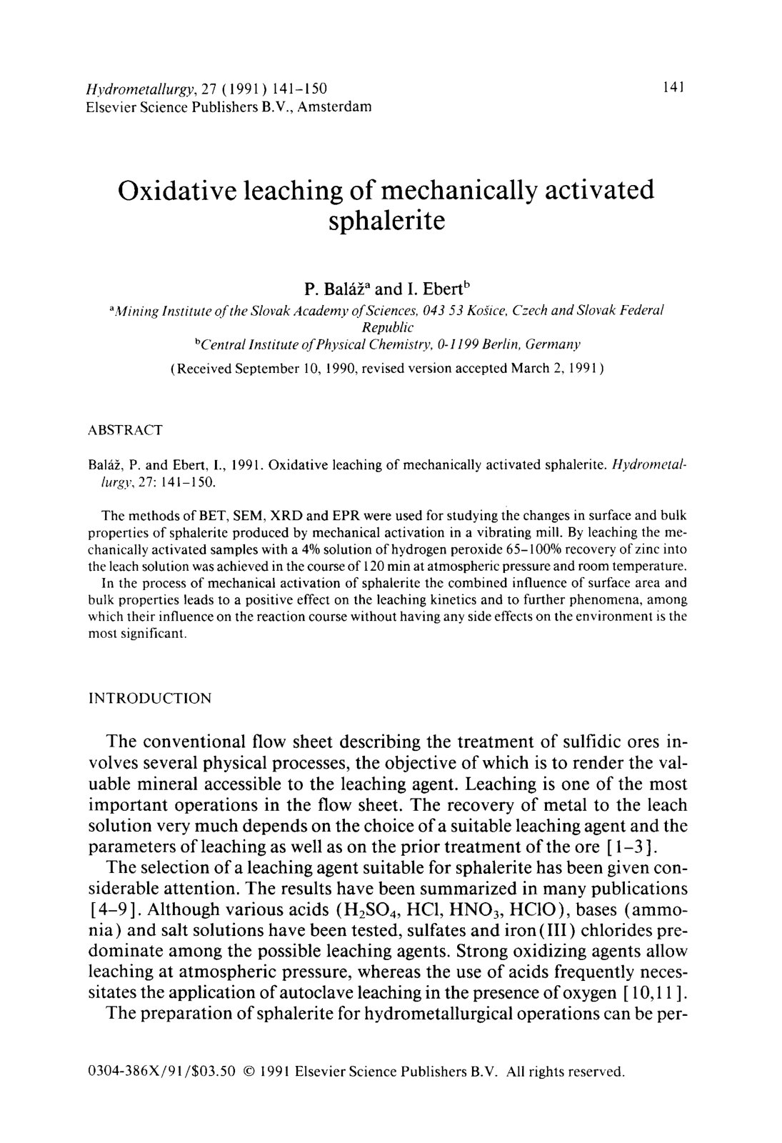 First page of Oxidative leaching of mechanically activated sphalerite
