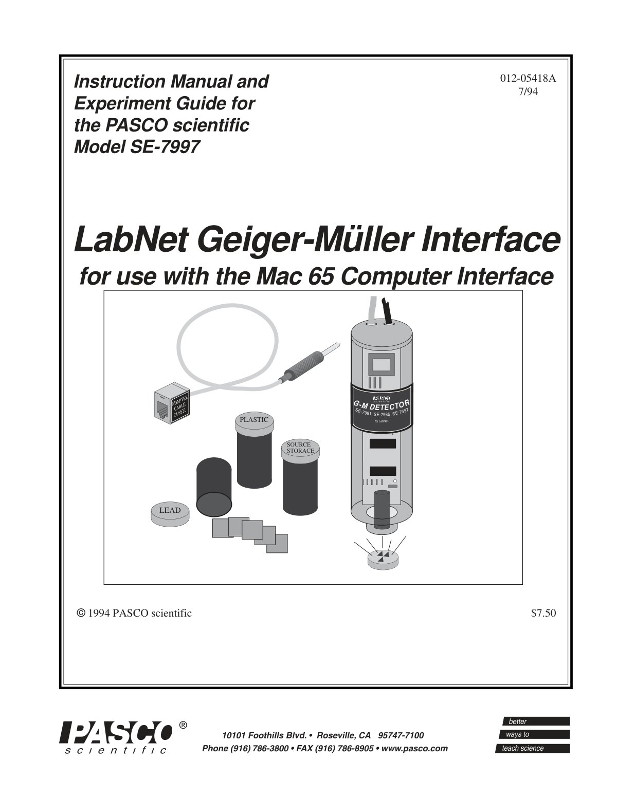 First page of Instruction Manual and Experiment Guide for the PASCO scientific Model SE-7997