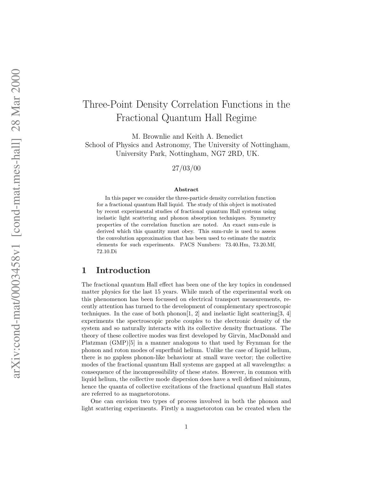 First page of Three-Point Density Correlation Functions in the Fractional Quantum Hall Regime
