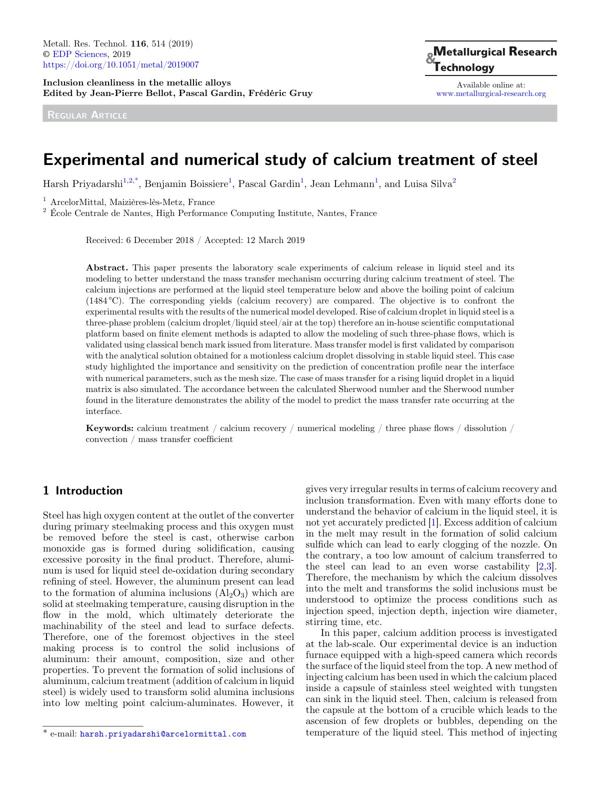 First page of Experimental and numerical study of calc