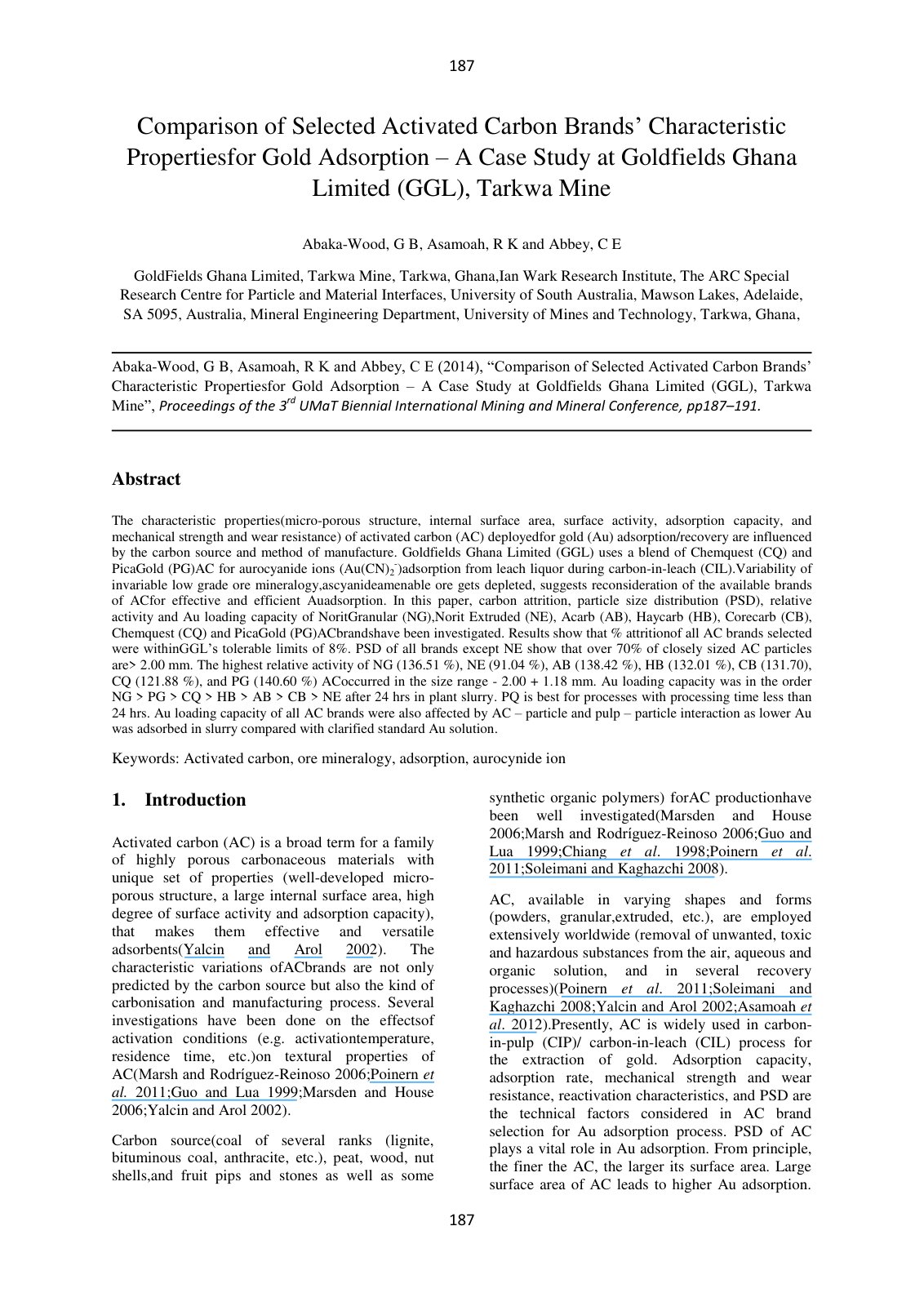 First page of Comparison of Selected Activated Carbon