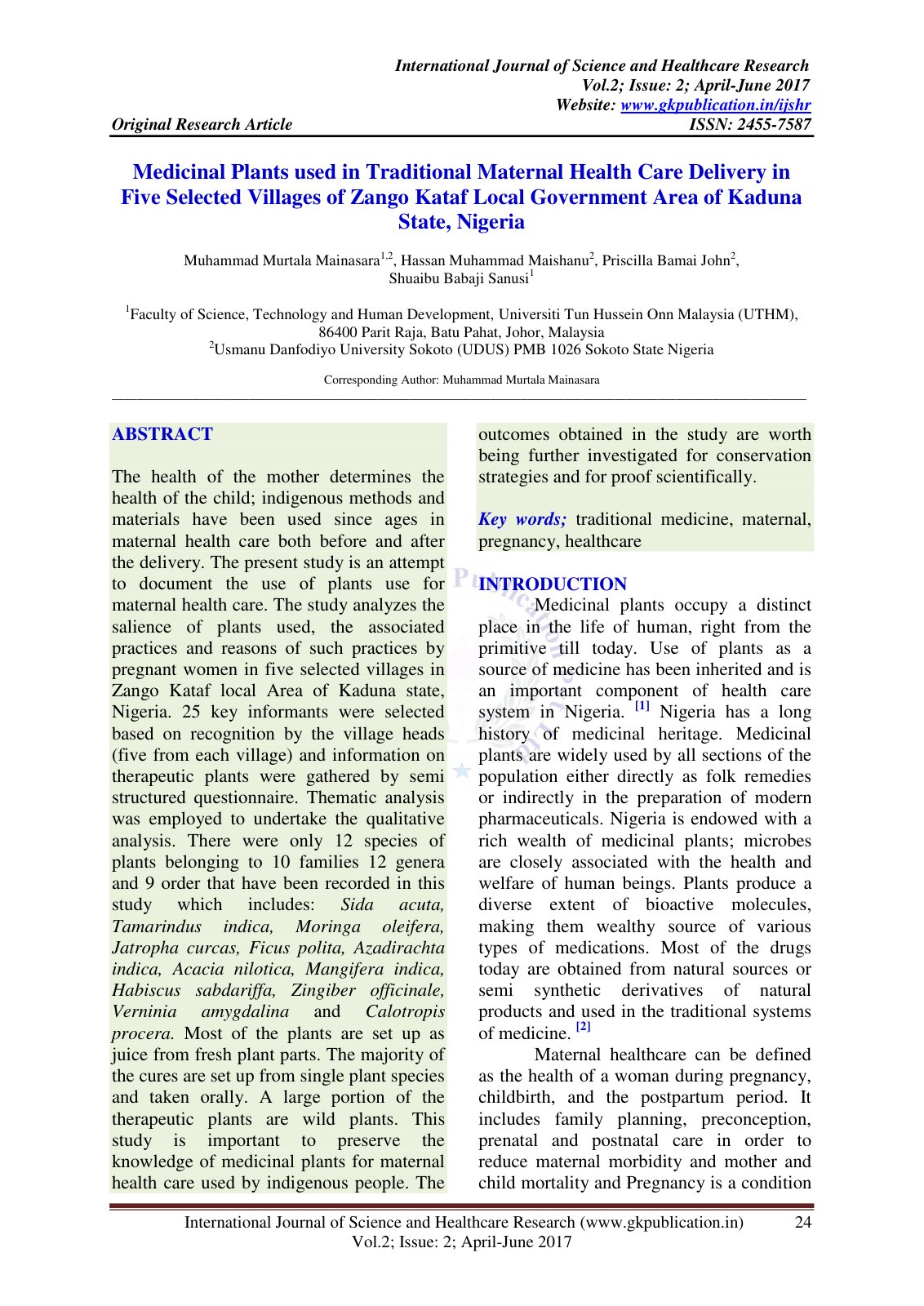 First page of Medicinal Plants used in Traditional Maternal Health Care Delivery in Five Selected Villages of Zango Kataf Local Government Area of Kaduna State, Nigeria