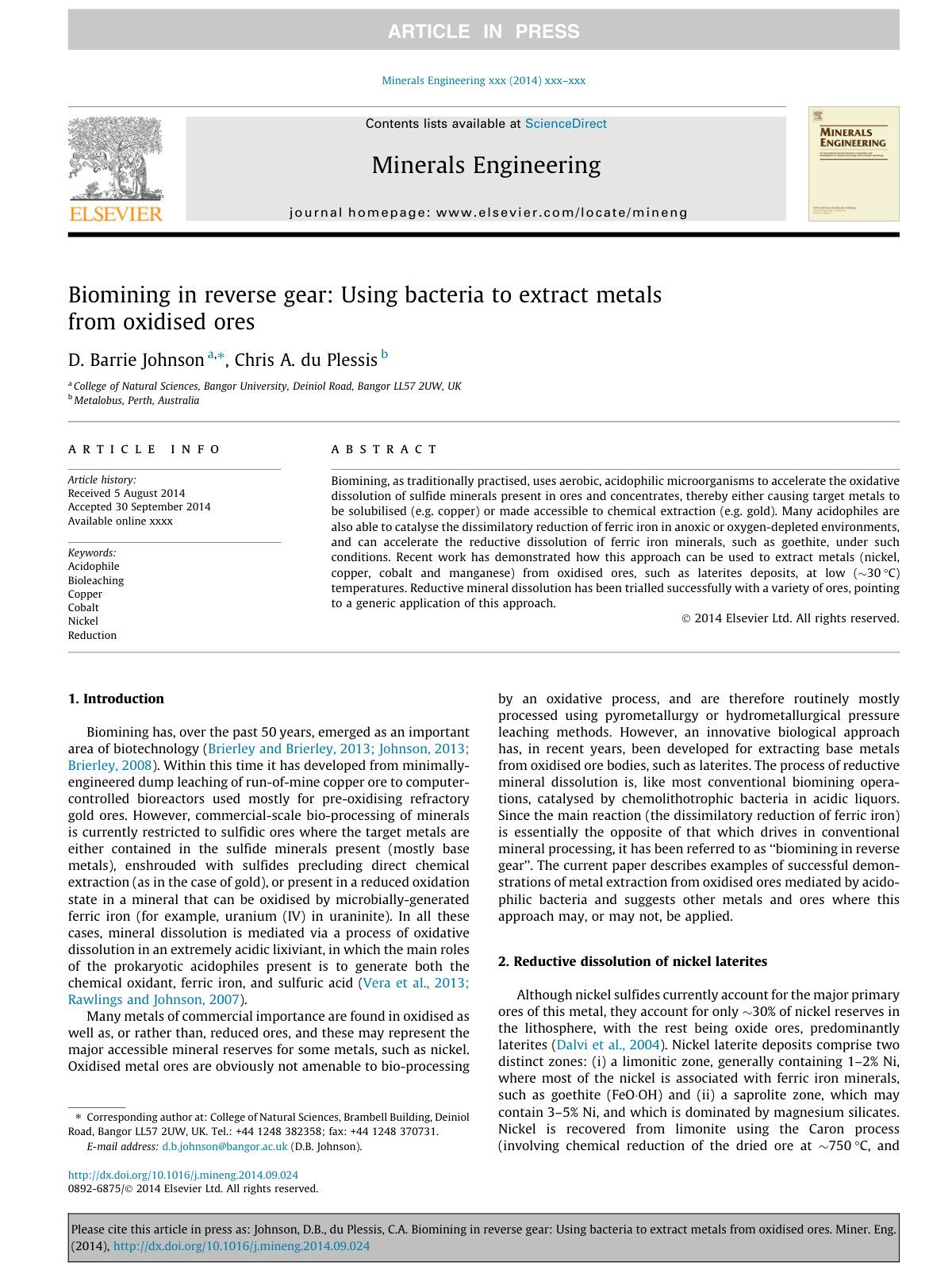 First page of Biomining in reverse gear Using bacteria