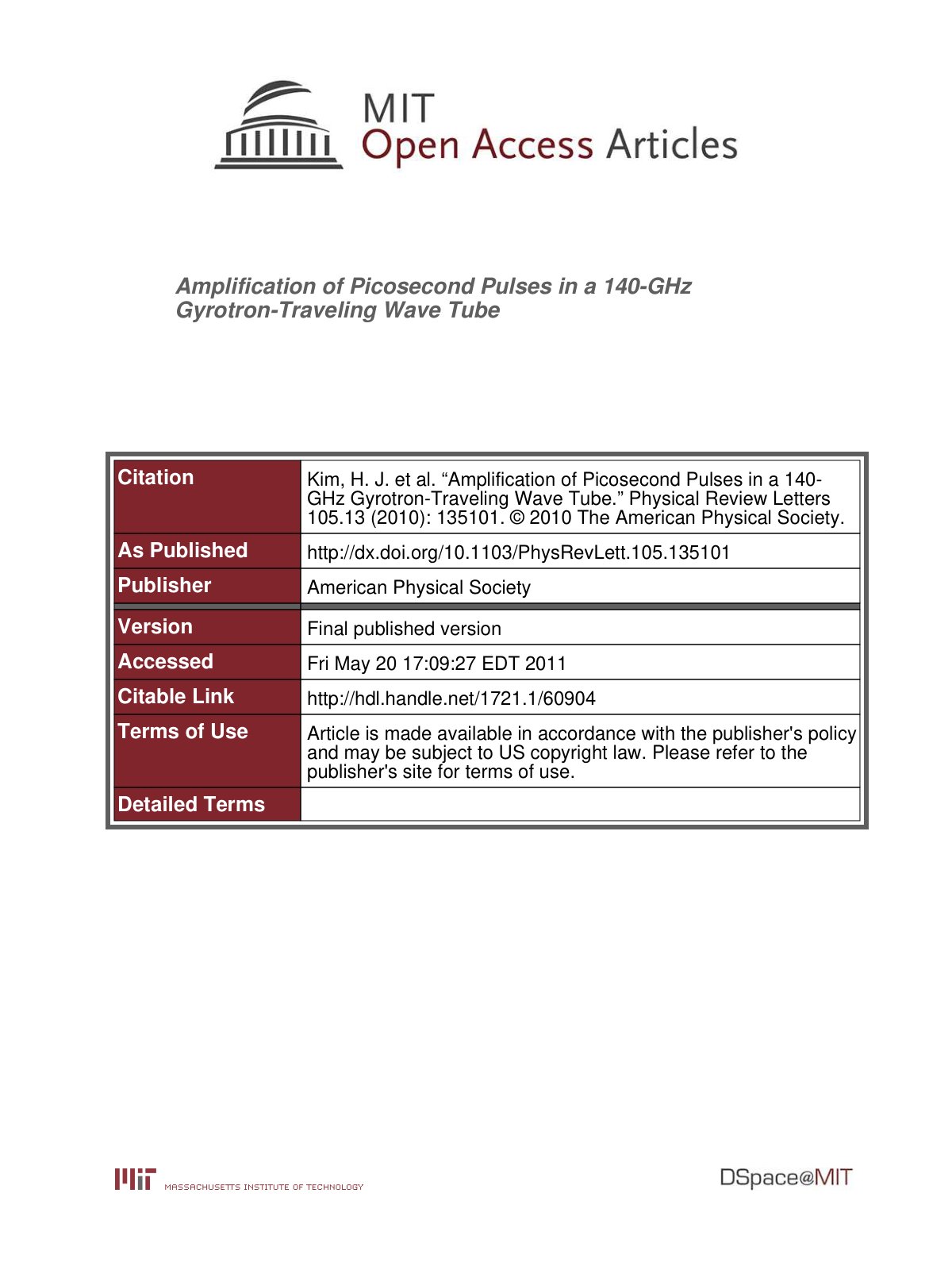 First page of Amplification of Picosecond Pulses in a