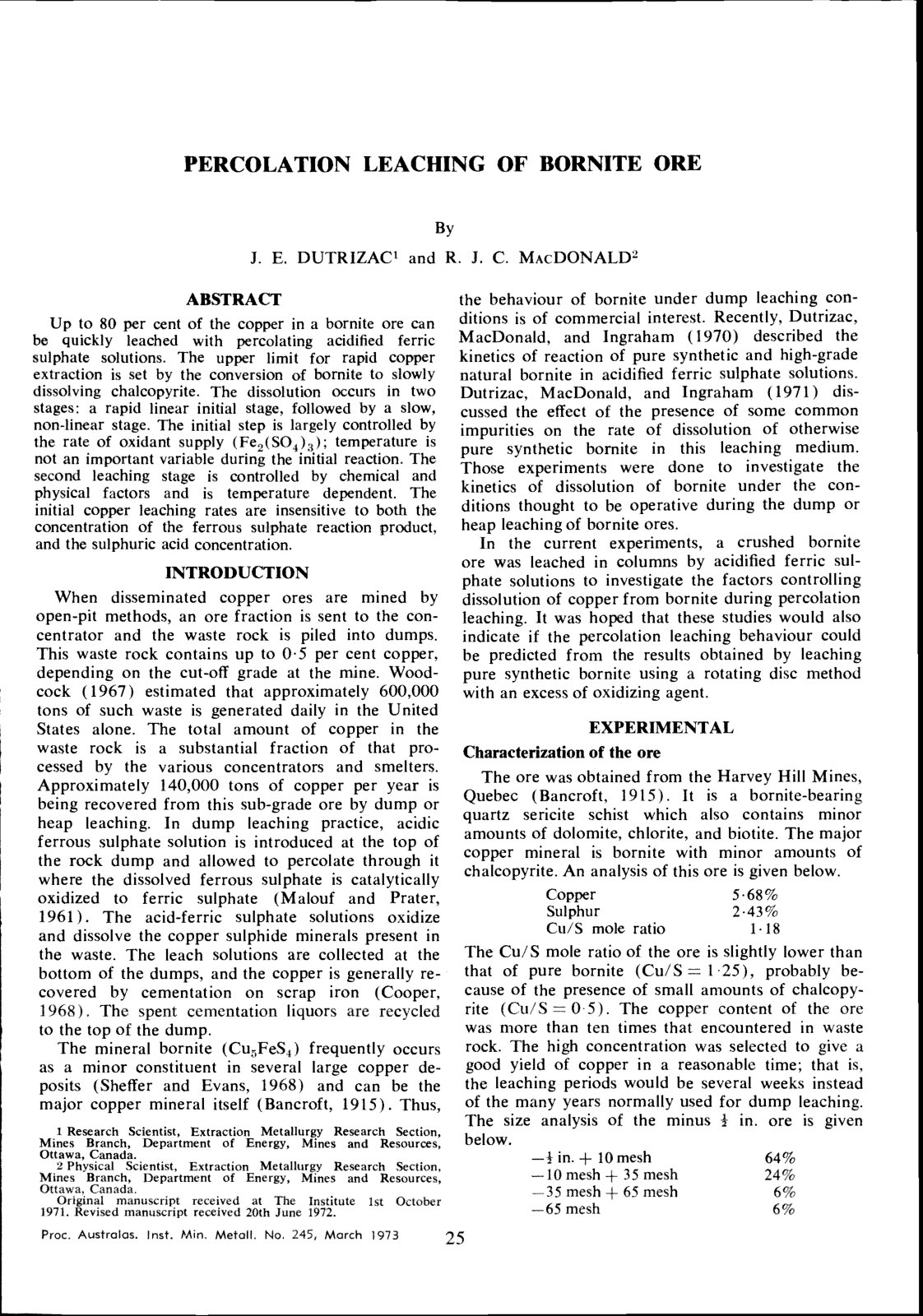 First page of PERCOLATION LEACHING OF BORNITE ORE