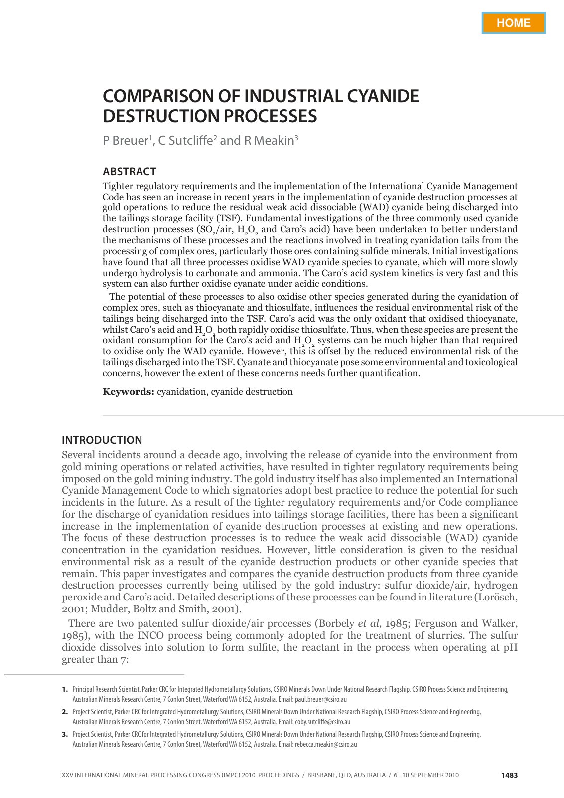 First page of 2010 Breuer Sutcliffe Meaken   Comparison of Industrial Cyanide Destruction Processes