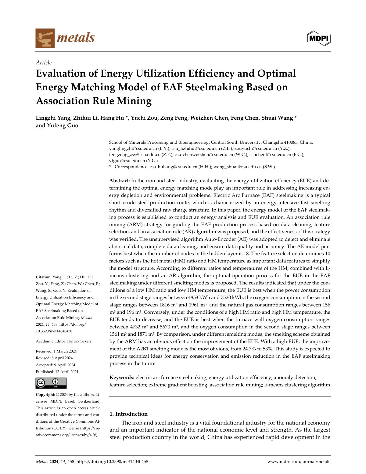 First page of Evaluation of Energy Utilization Efficiency and Optimal Energy Matching Model of EAF Steelmaking Based on Association Rule Mining