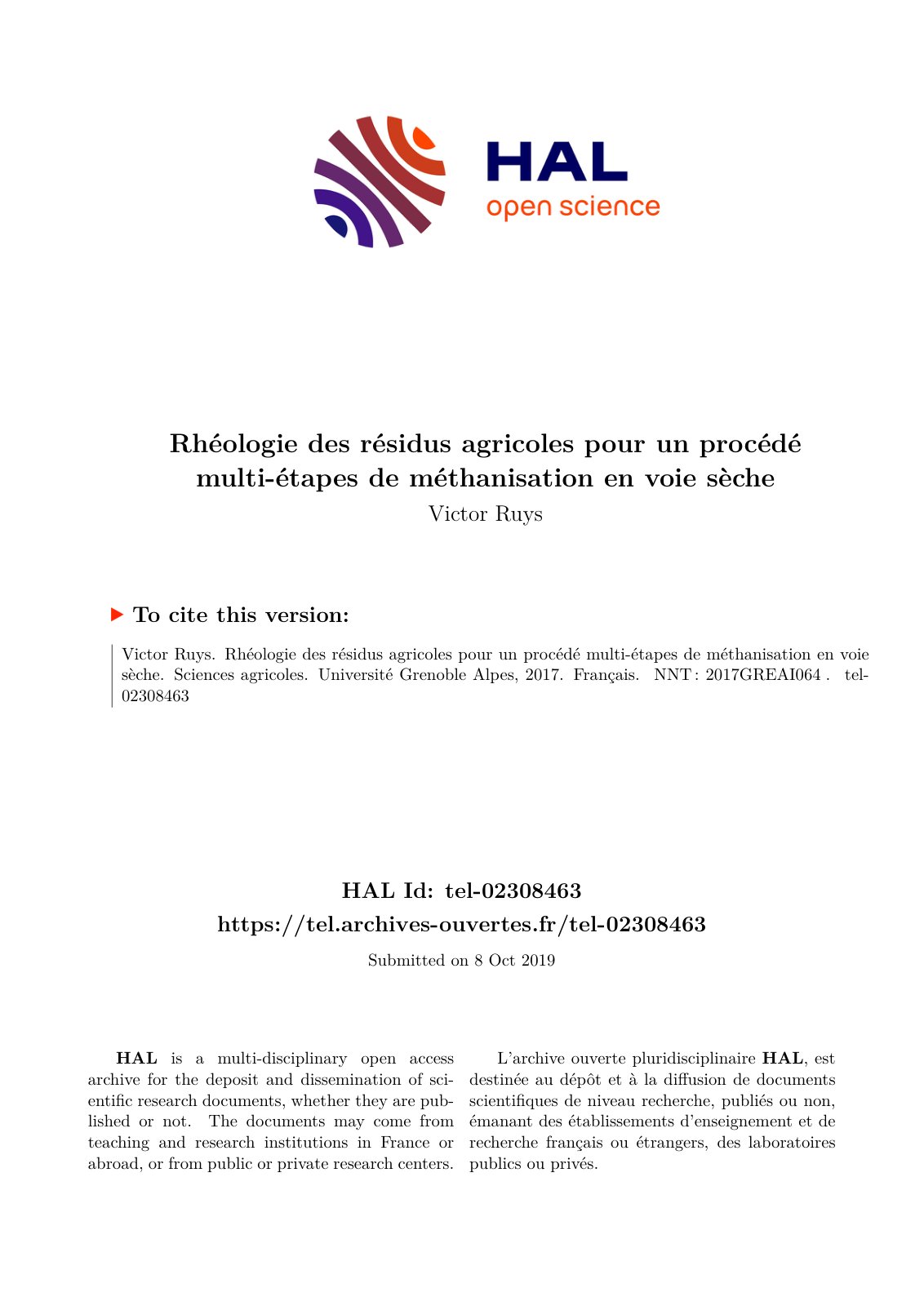 First page of Rhéologie des résidus agricoles pour un procédé multi-étapes de méthanisation en voie sèche