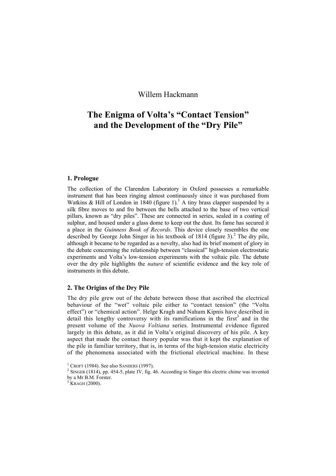 First page of The Enigma of Volta’s “Contact Tension” and the Development of the “Dry Pile”