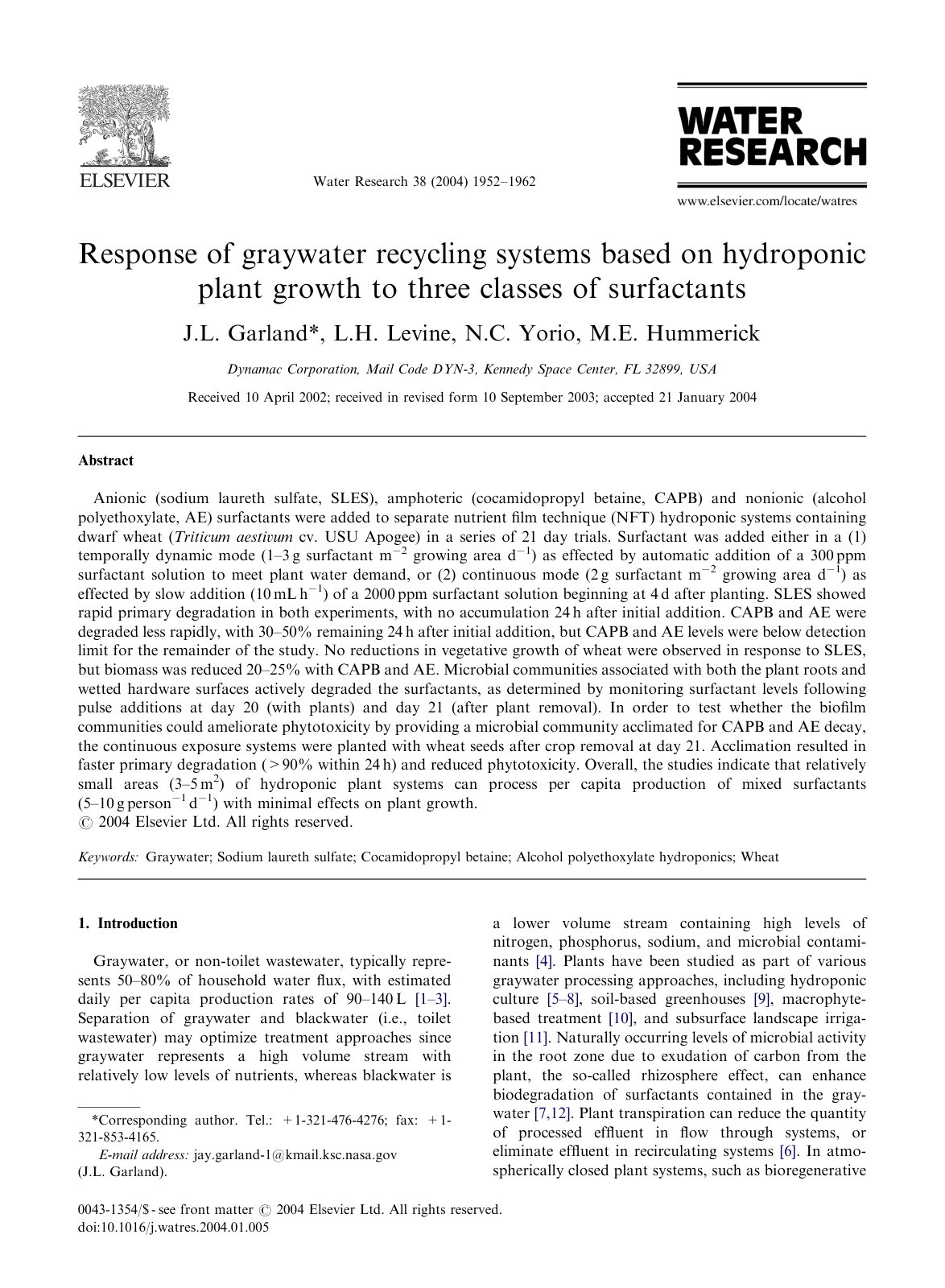 First page of Response of graywater recycling systems