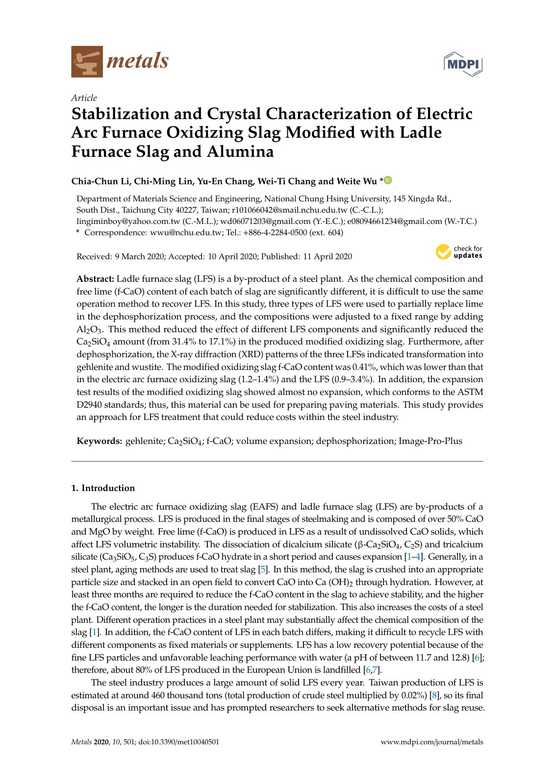 First page of Stabilization and Crystal Characterization of Electric Arc Furnace Oxidizing Slag Modiﬁed with Ladle Furnace Slag and Alumina