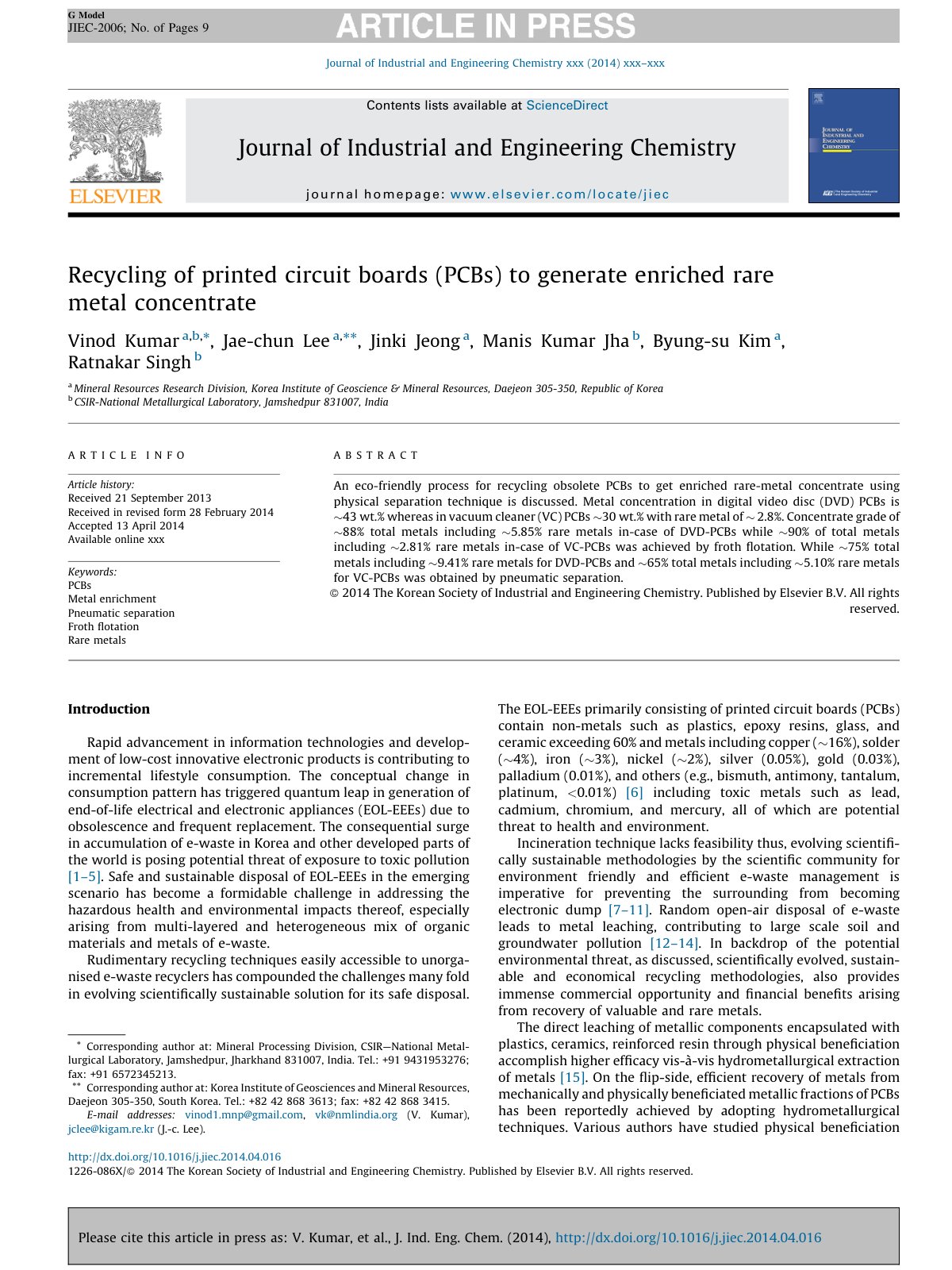 First page of Recycling of printed circuit boards PCBs