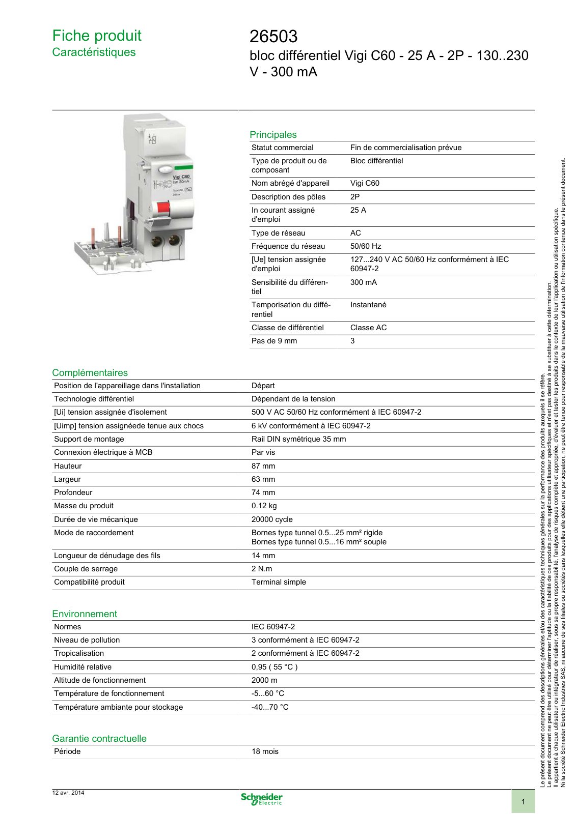 First page of Fiche produit Caractéristiques 26503 bloc différentiel Vigi C60 - 25 A - 2P - 130..230 V - 300 mA