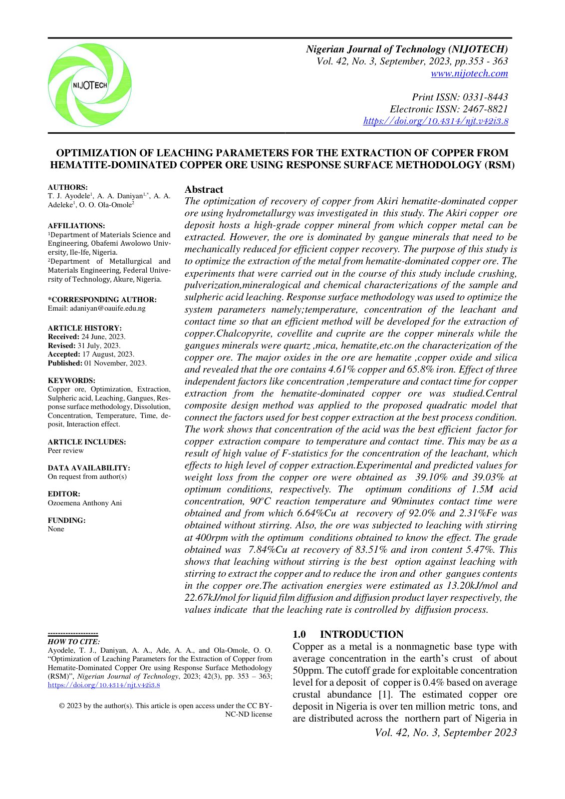First page of OPTIMIZATION OF LEACHING PARAMETERS FOR THE EXTRACTION OF COPPER FROM HEMATITE-DOMINATED COPPER ORE USING RESPONSE SURFACE METHODOLOGY (RSM)