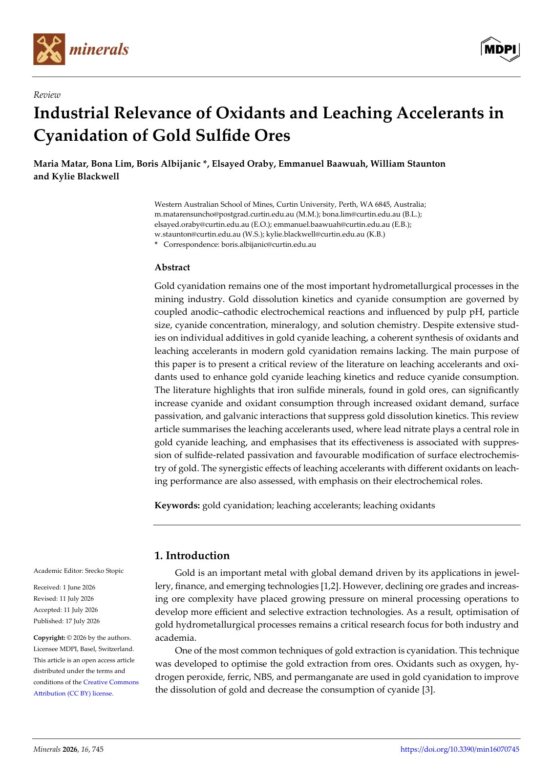First page of 2026   Matar   Oxidants and accelerants in gold cyanidation
