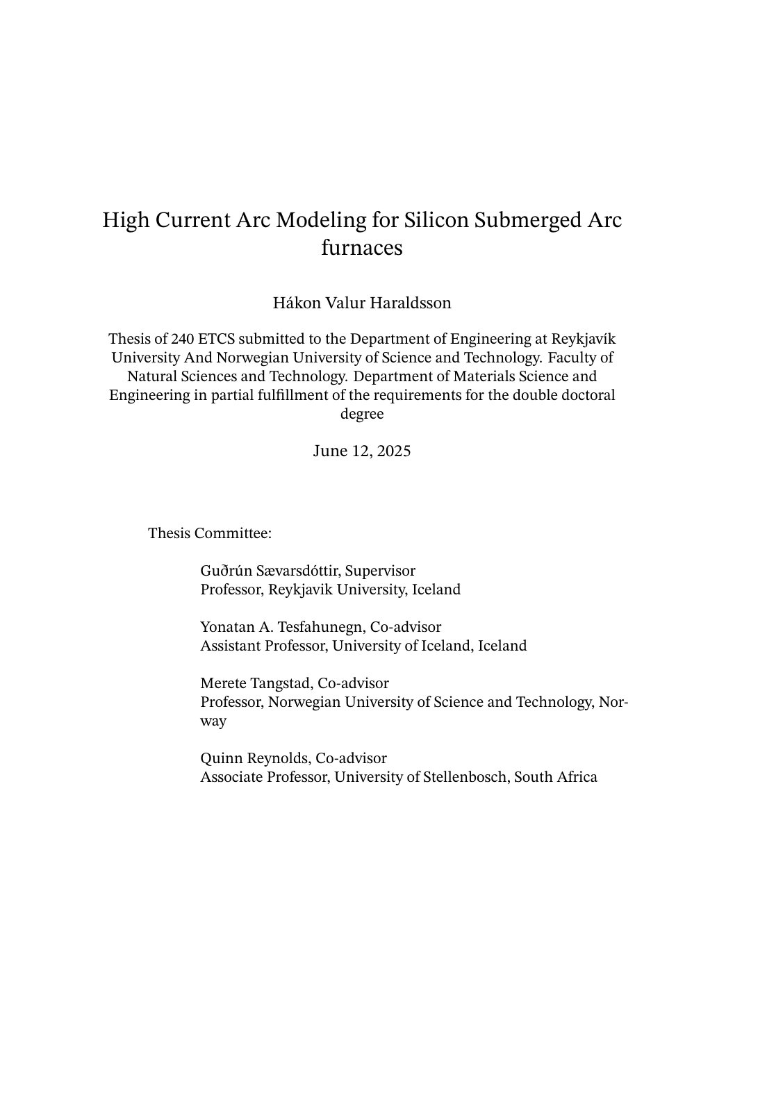 First page of High Current Arc Modeling for Silicon Submerged Arc furnaces