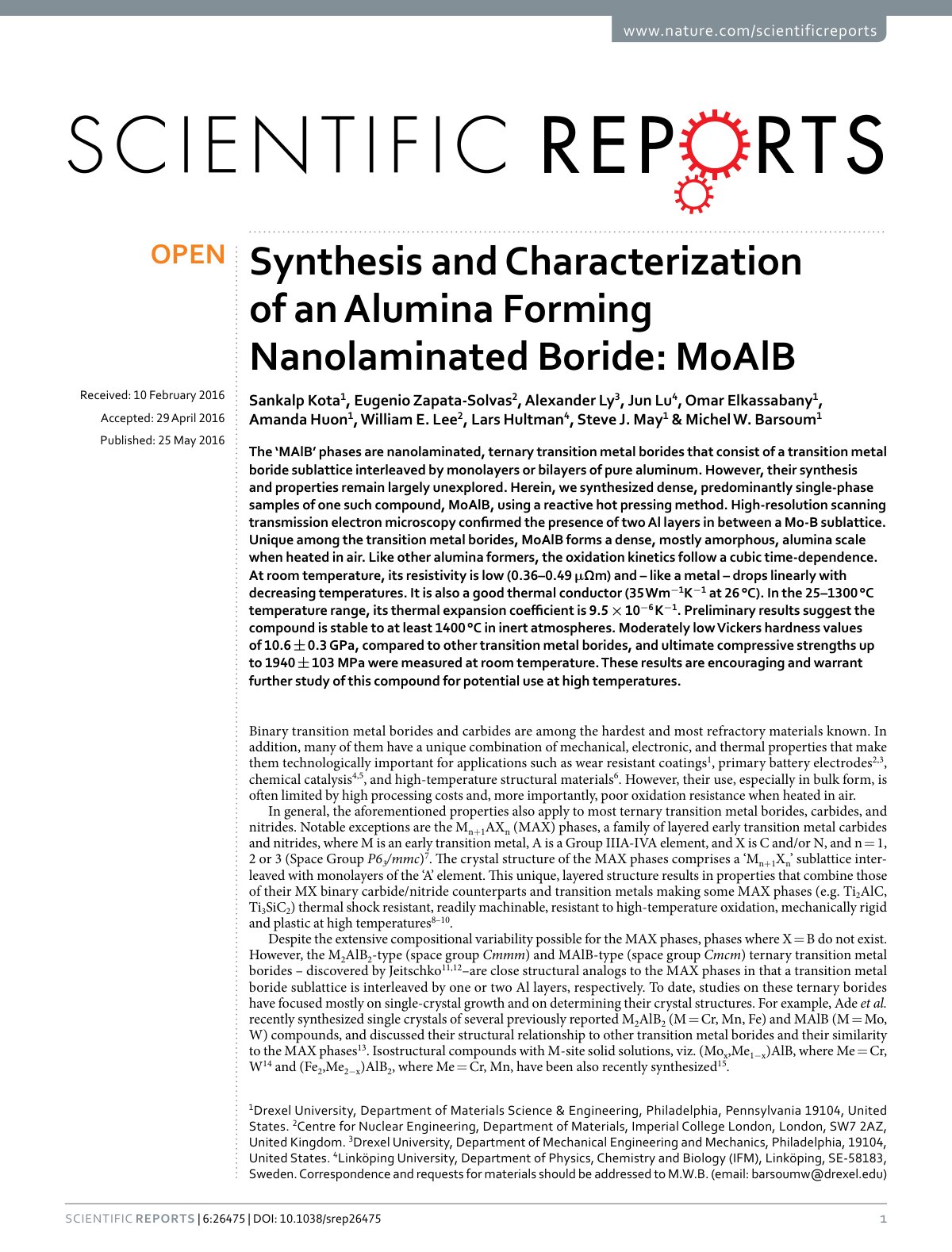 First page of synthesis and Characterization of an Alumina Forming Nanolaminated Boride: MoAlB