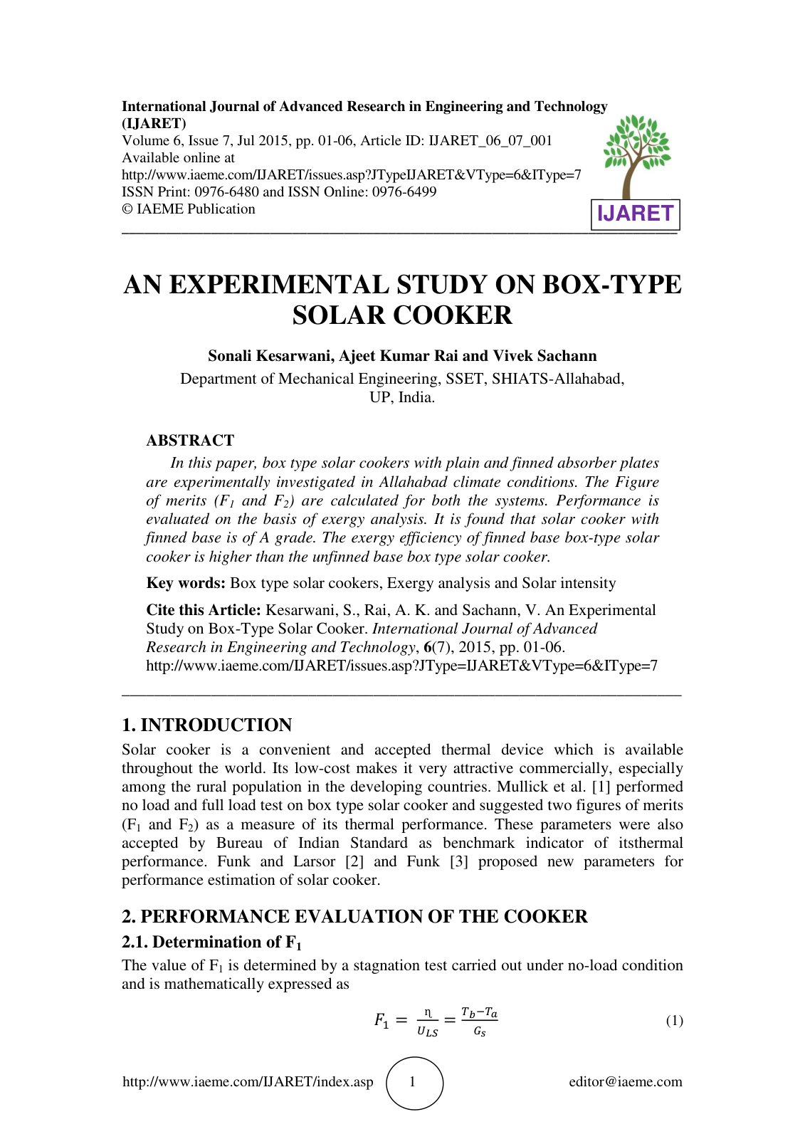 First page of AN EXPERIMENTAL STUDY ON BOX TYPE SOLAR