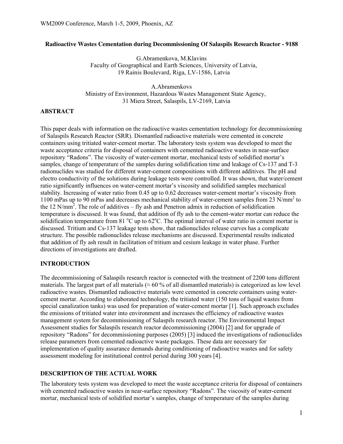 First page of Radioactive Wastes Cementation during Decommissioning Of Salaspils Research Reactor