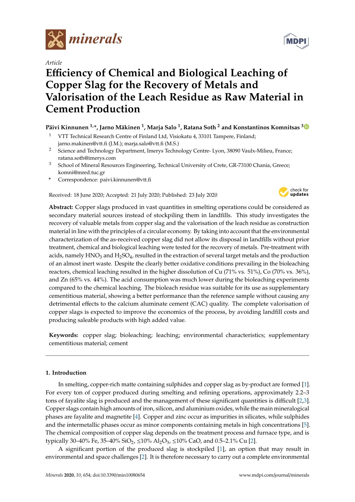 First page of 2020   Kinnunen   Efficiency of Chemical and Biological Leaching of Copper Slag for the Recovery of