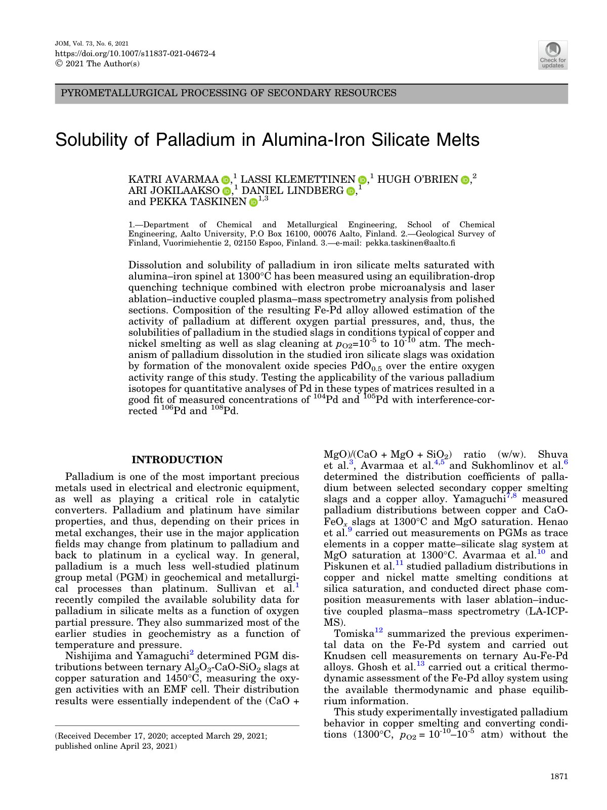First page of Solubility of Palladium in Alumina Iron