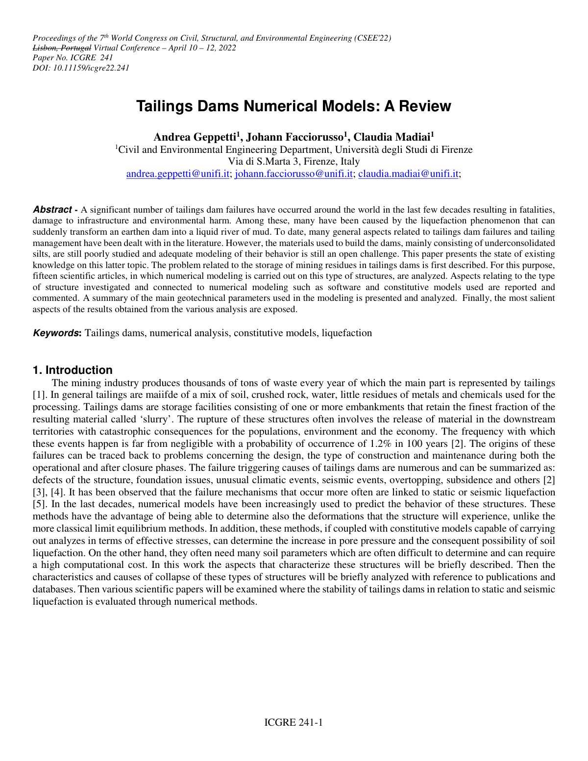 First page of Tailings Dams Numerical Models A Review