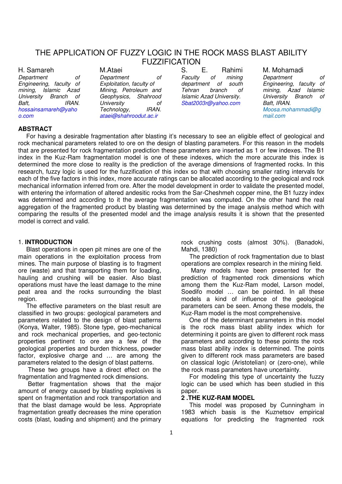 First page of THE APPLICATION OF FUZZY LOGIC IN THE ROCK MASS BLAST ABILITY FUZZIFICATION