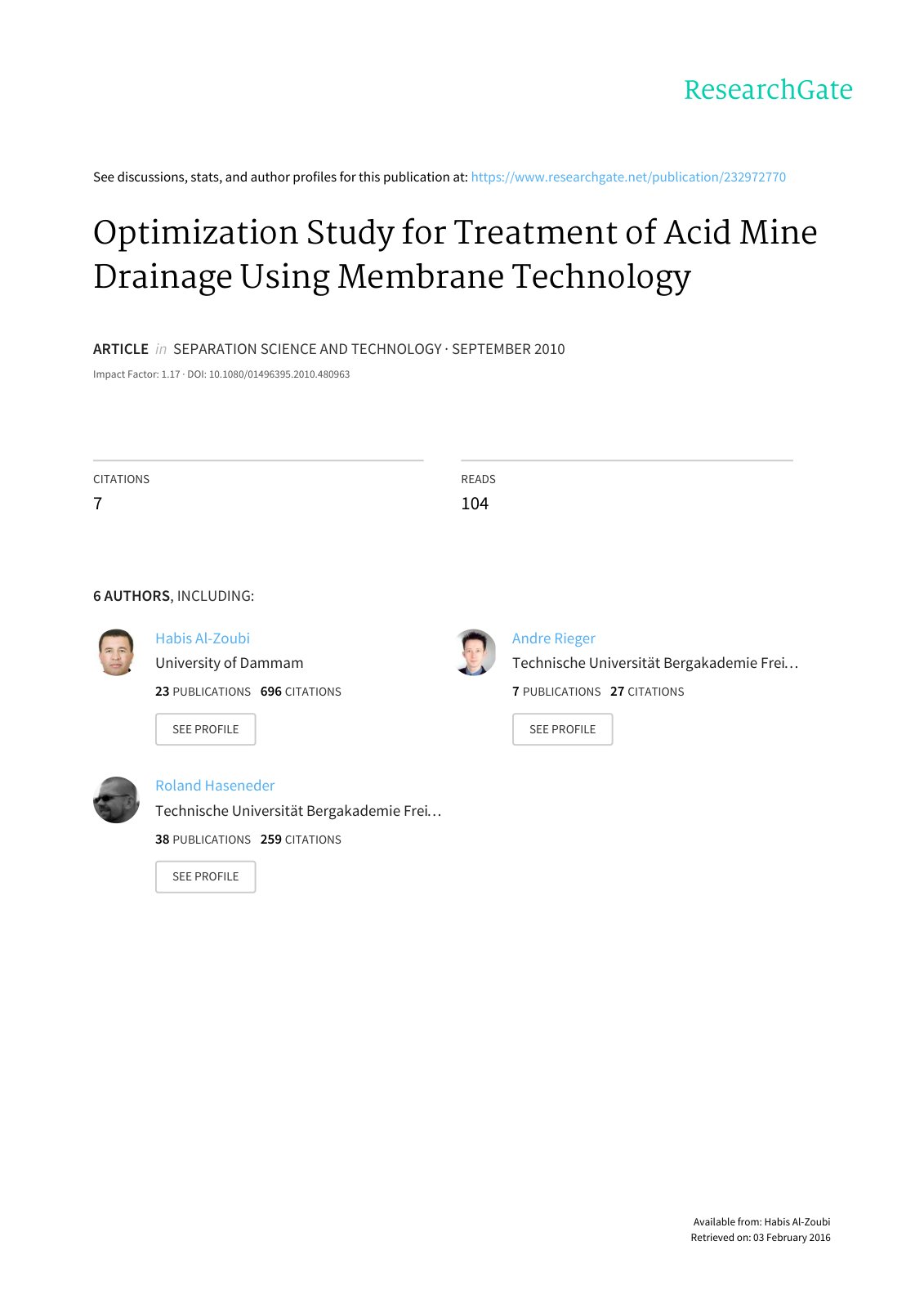 First page of Optimization Study for Treatment of Acid Mine Drainage Using Membrane Technology