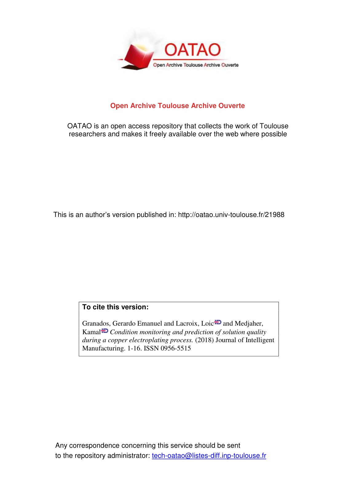 First page of Condition monitoring and prediction of s