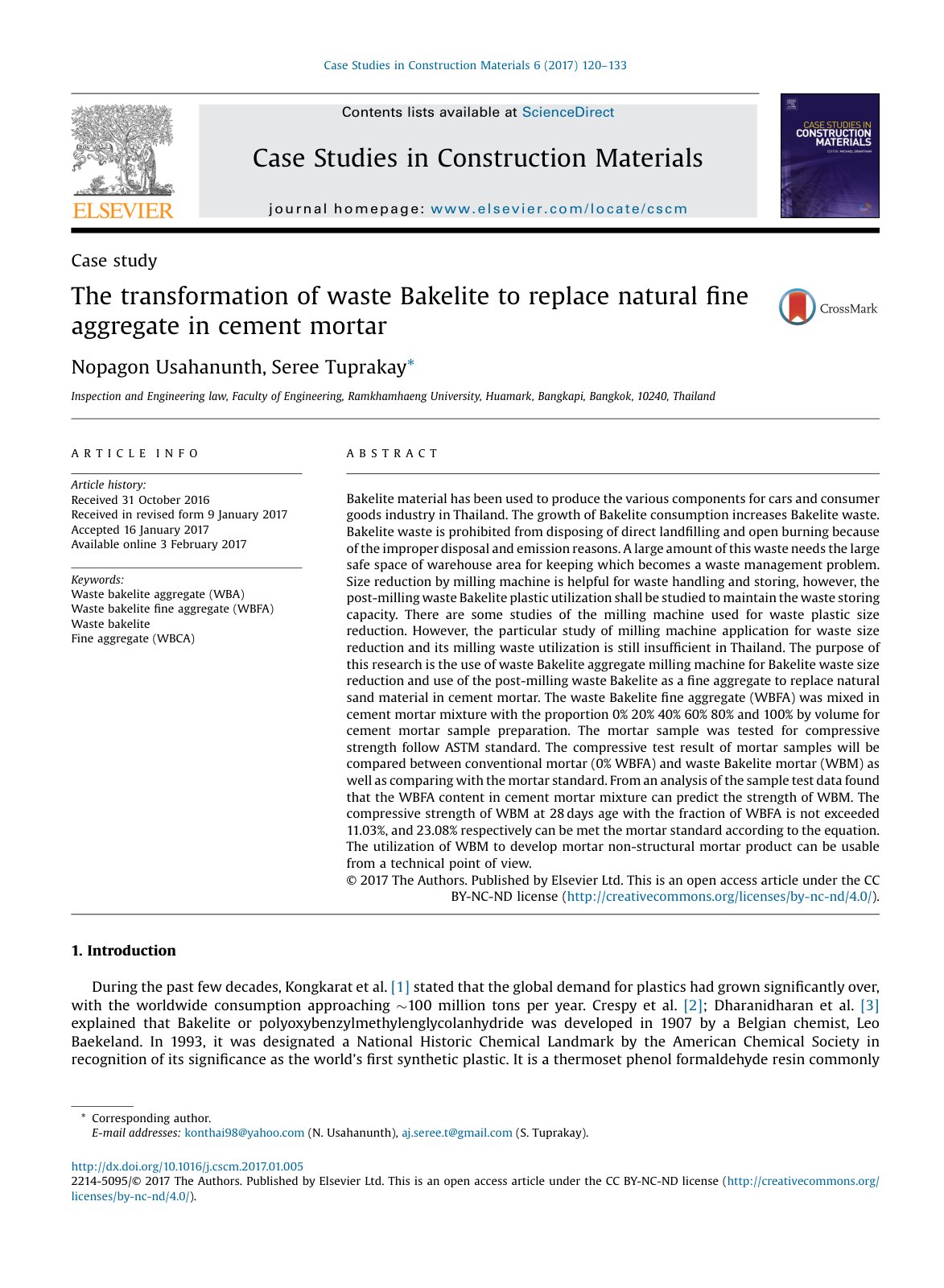 First page of The transformation of waste Bakelite to replace natural fine aggregate in cement mortar