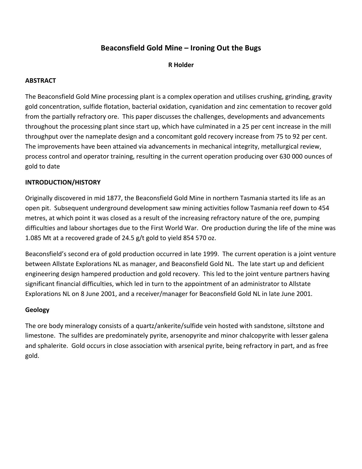 First page of Bacterial Oxidation Tasmanian Mine