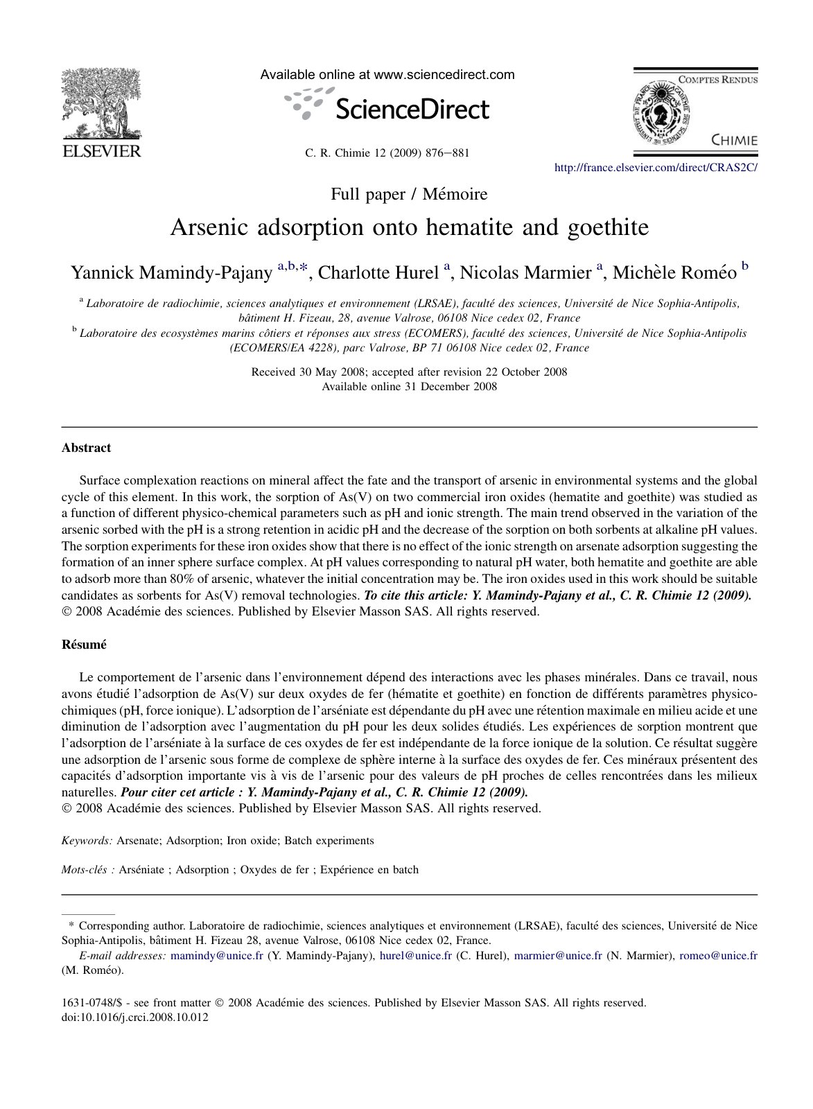 First page of Arsenic adsorption onto hematite and goe