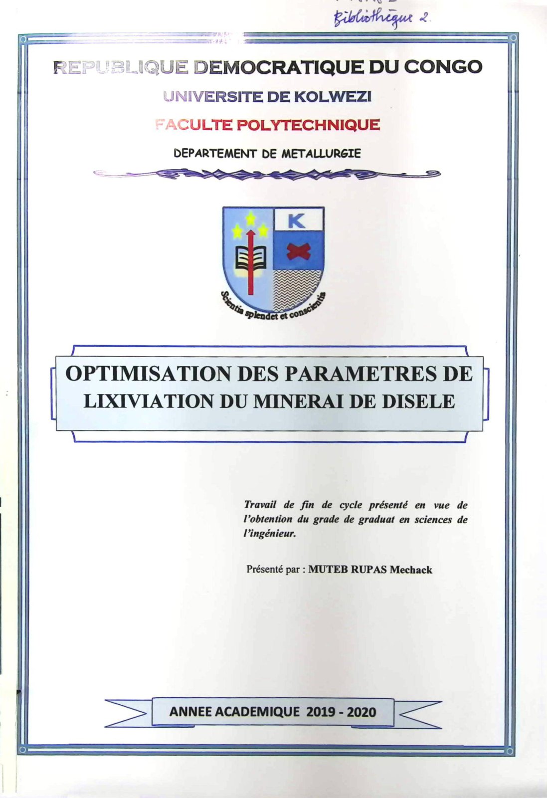 First page of OPTIMISATION DES PARAMETRES DE LIXIVIATION DU MINERAi DE DISELE