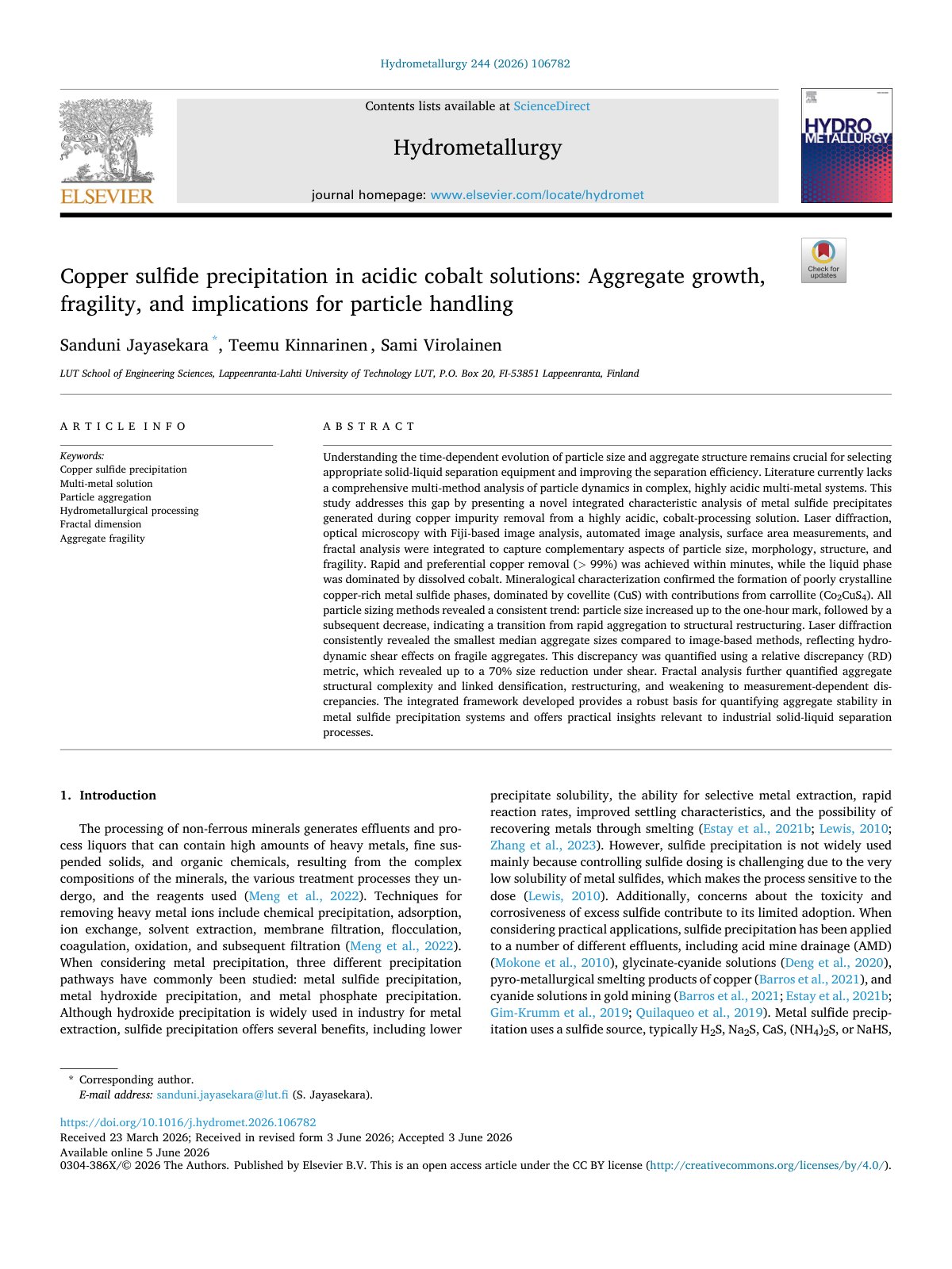 First page of Copper sulfide precipitation in acidic cobalt solutions  Aggreg 2026 Hydrome