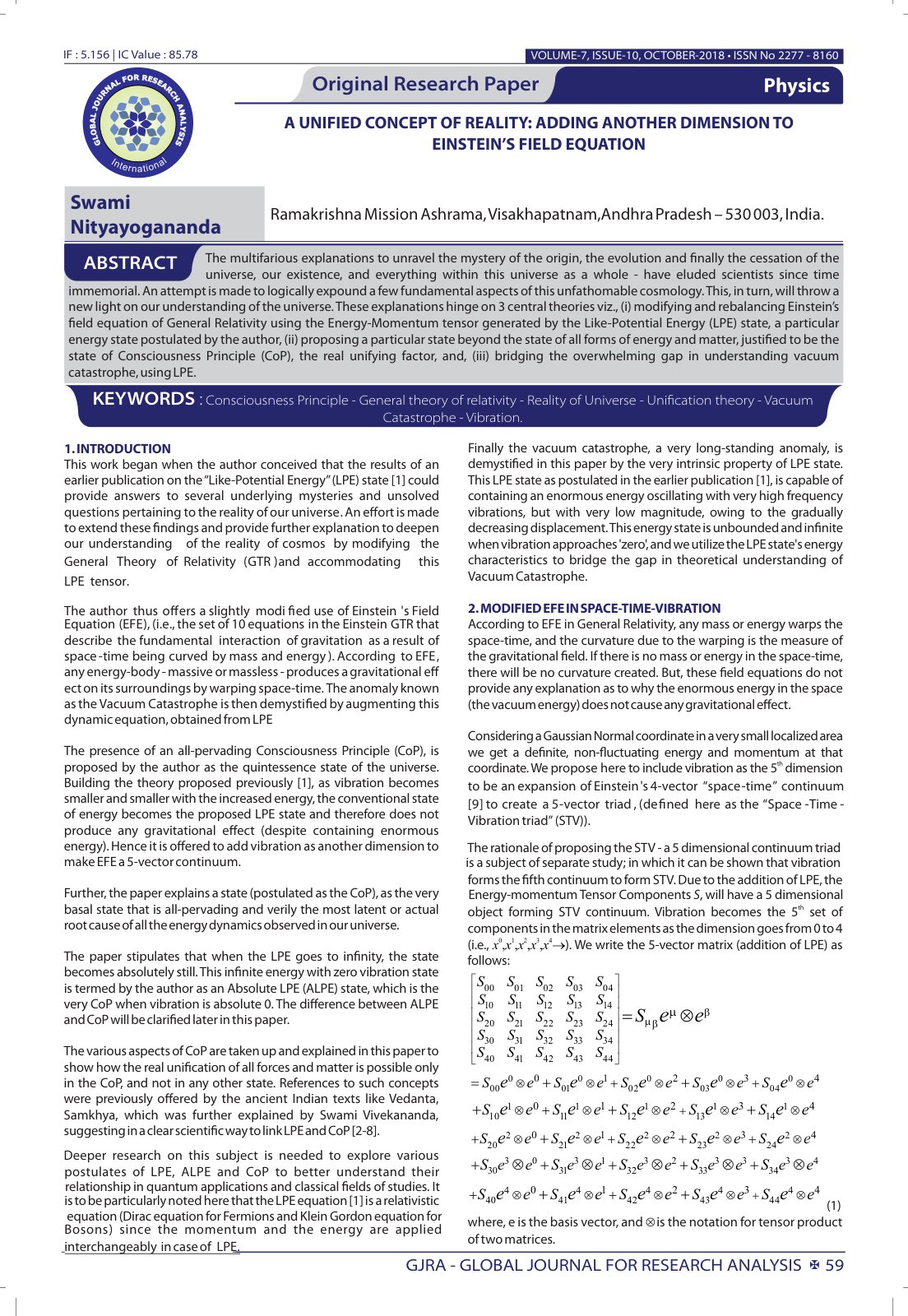 First page of A Unified Concept of Reality Adding Anot