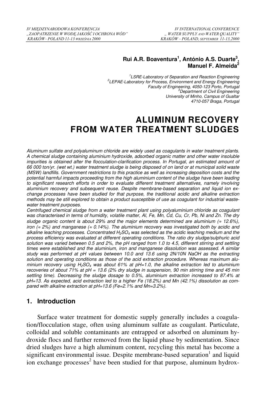 First page of ALUMINUM RECOVERY FROM WATER TREATMENT SLUDGES