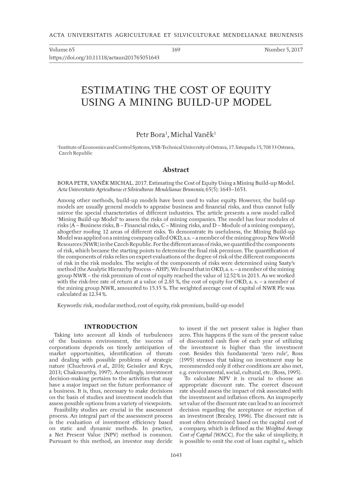 First page of Estimating the Cost of Equity Using a Mi