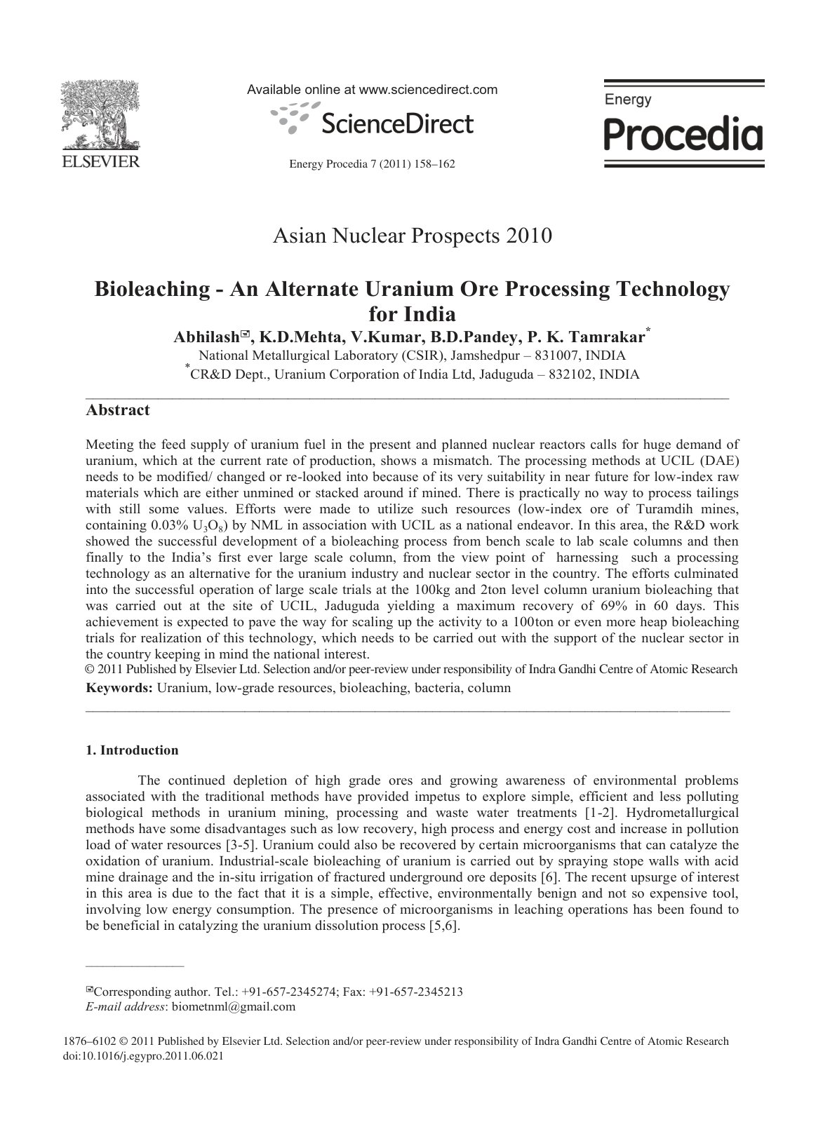 First page of Abhilash et al Energy Proceedia pdf